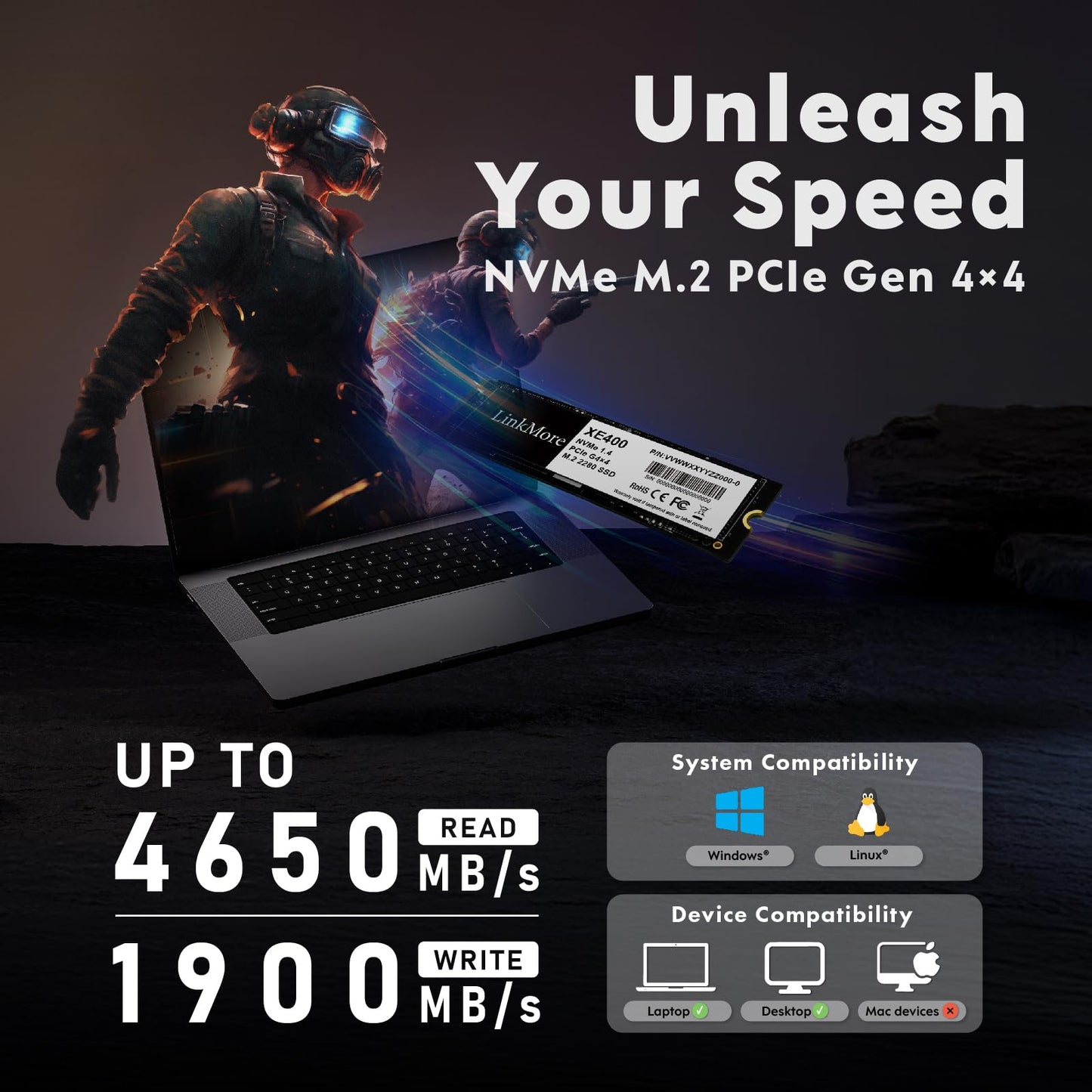 LinkMore XE400 250GB M.2 2280 PCIe Gen 4X4 NVMe 1.4 Internal SSD, PS5 Compatible, Solid State Drive, Up to 4650MB/s for Latop and PC