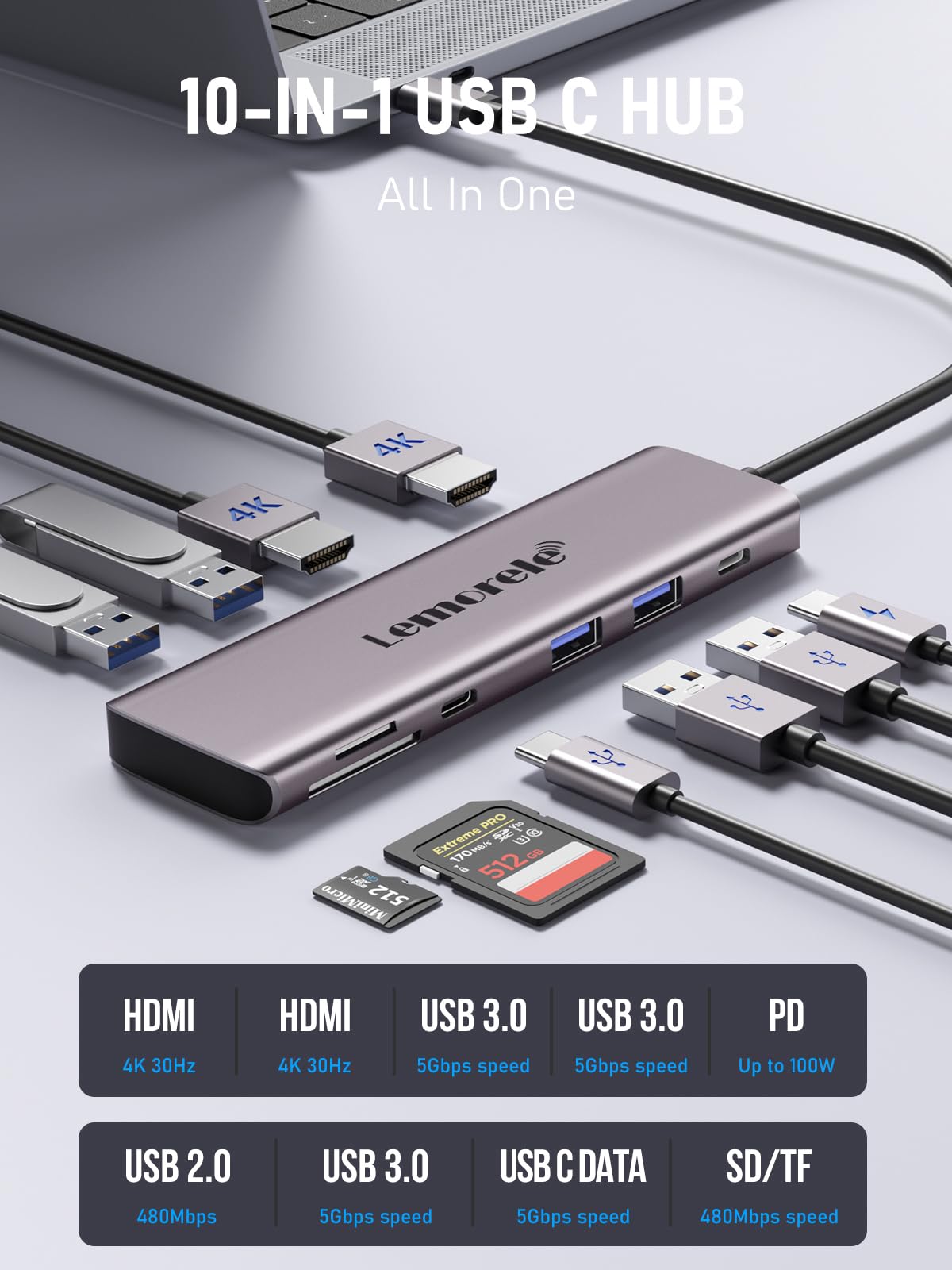 Lemorele USB C to Dual HDMI Hub, 10-in-1 USB C Docking Station Dual Monitors for Windows, USB C Multiple Hub with Dual HDMI, 4*USB, USB-C Data, 100W PD, SD/TF Slot for Dell, Lenovo Yoga, etc.