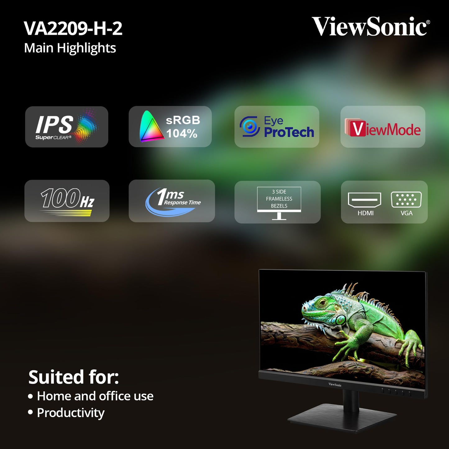 ViewSonic (from USA) – V2209-H-2 22-inch (55.88 cm) FHD 1080p SuperClear® IPS Monitor, 100Hz, 1ms, 104% sRGB, HDMI, VGA, Eye ProTech+, Win. & macOS Tested, 3-Side Borderless, Wall Mount, Wide Angle