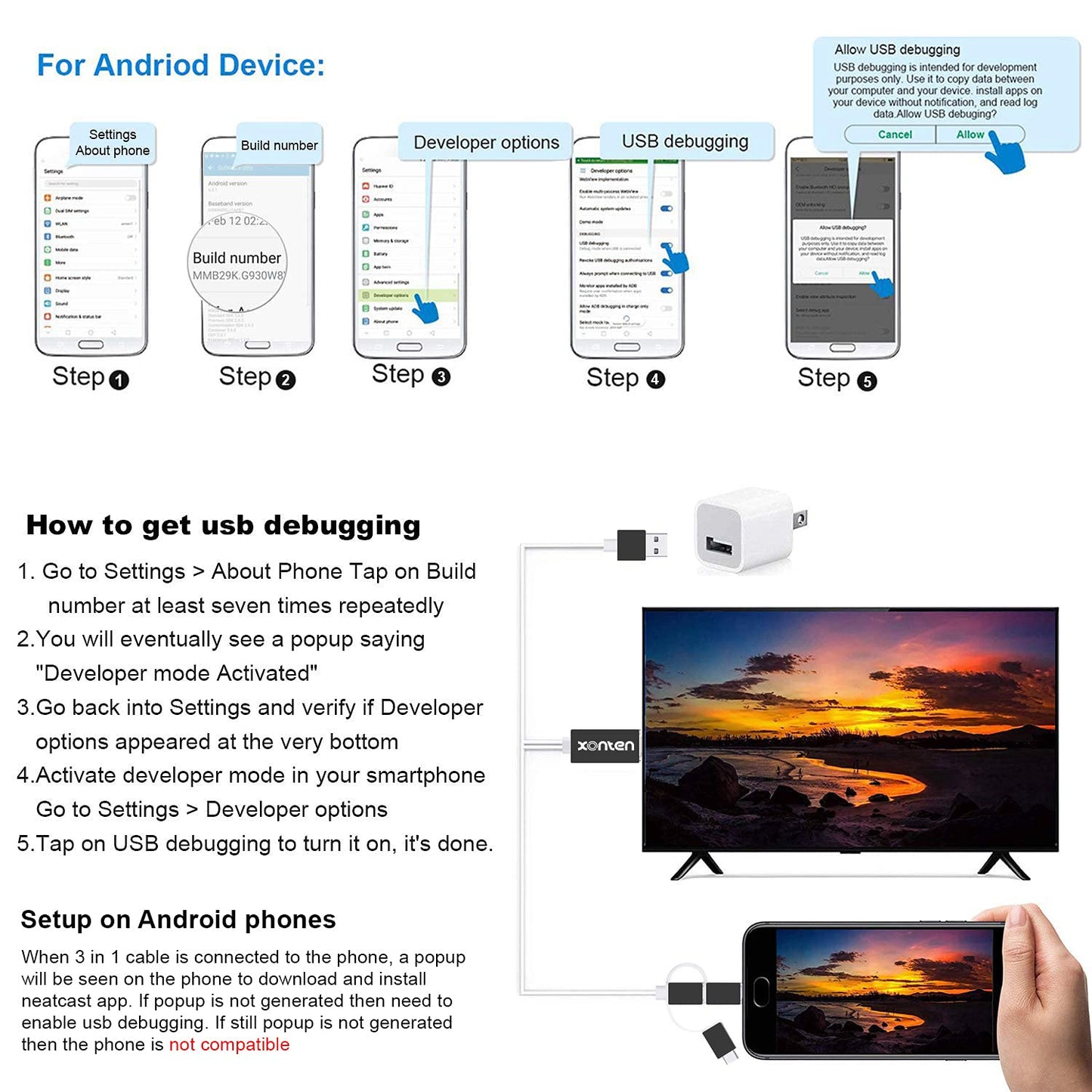 xonten 3 in 1 HDMI Adapter 1080p, Type-C/Lightning/Micro USB to HDMI, MHL & Non MHL Phone to HDMI, Mirroring Phone to TV/Monitor/Projector Compatible with Android 9 & iOS 5 Above Versions