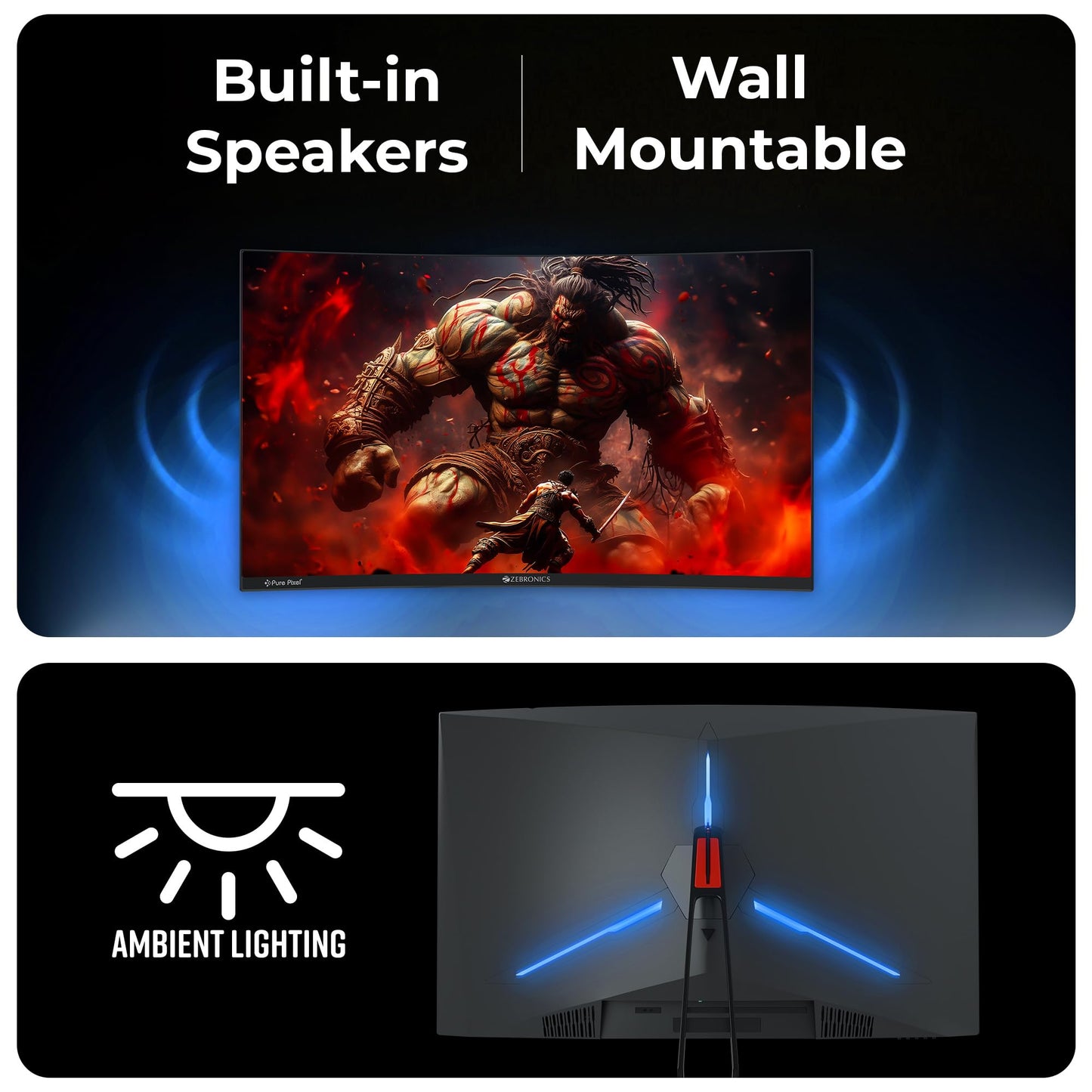 ZEBRONICS New Launch N32A 32"(80 cm) 1500R Curved Gaming Monitor, QHD 2560x1440, Antiglare, 300Nits, 180Hz, 1ms MPRT, HDR10, 99% sRGB | 92% DCI-P3, Adaptive Sync, 2 x DP | 2 x HDMI | 1 x 3.5mm