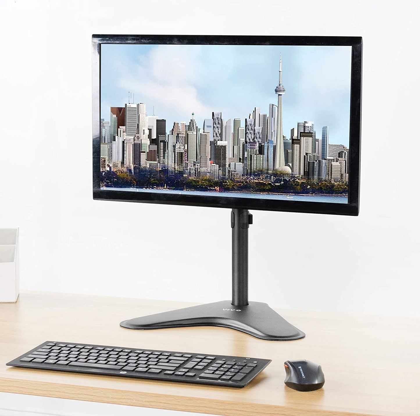 Jin Office Height Adjustable Monitor Stand Mount | Supports 13-32" Screens| Monitor Mount for Desk | Metal Black Powder Coated Single Monitor Arm Stand| Freestanding Monitor Mount (Black)