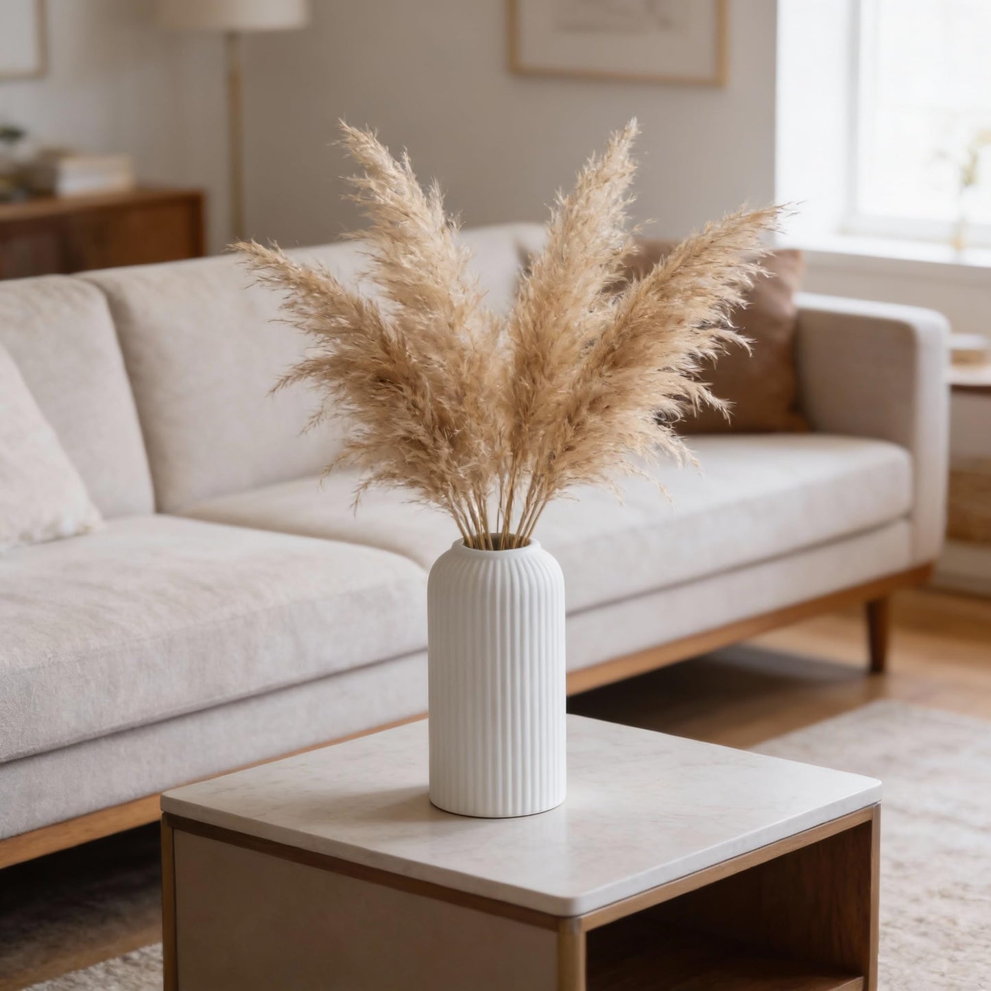 Yellow Ribbed Ceramic Flower Vase 6 Inch Matte Pampas Grass & Dried Flower Vase for Home & Office Table Decor Decorative Centerpiece Gift – Vase Only