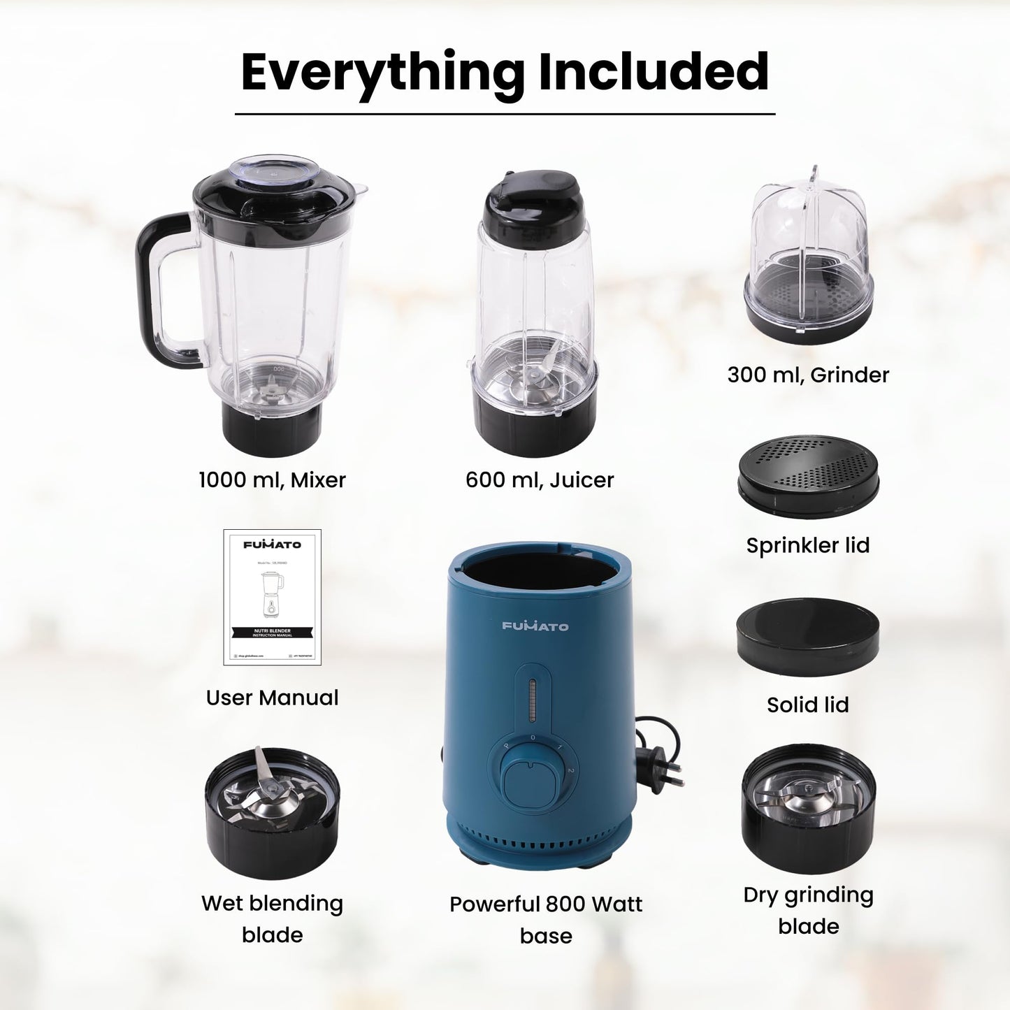 FUMATO Mixer Grinder Blender- 800W | Mixie for Kitchen with 3 Jars, Stainless Steel Blades, 3 Speed Control, Anti-Skid Feet | Nutri Blender Juicer with 1 Year Warranty (Midnight Blue)