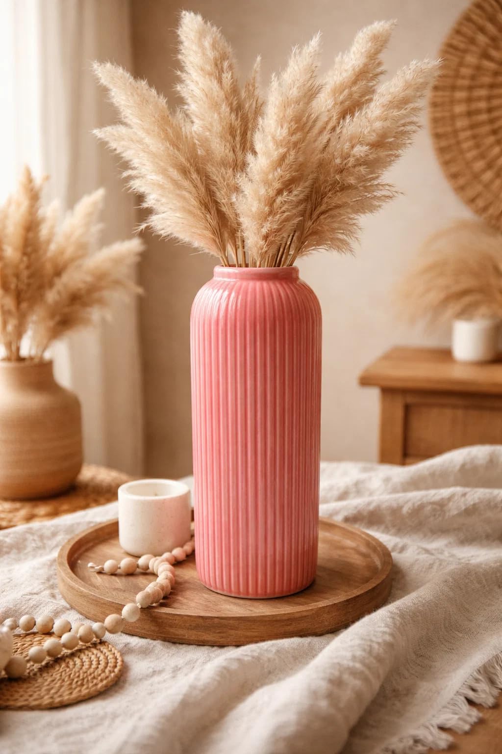 Ribbed Pipe Ceramic Vase for Flowers, Pampas Grass, or Live Plants | Decorative Home & Office Centerpiece Gift – No Flowers- (White, 6 Inch)