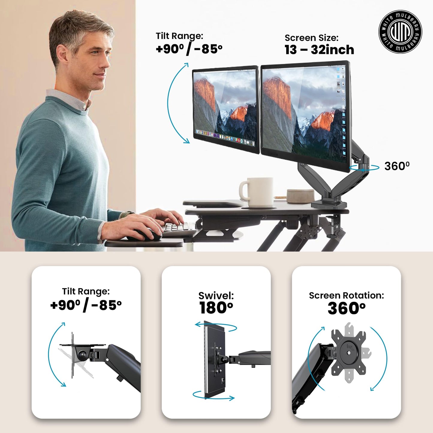 White Mulberry (Manufactured by LUMI)|DIY|Economical Gas Spring Monitor Arm | Desk Mounted Monitor Stand for 15-32 Inch Monitors |9Kg Capacity | Adjustable Metal Desk Monitor Mount - Dual Screen