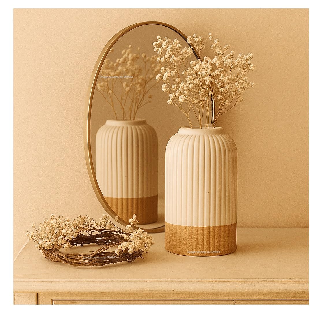 Ribbed Pipe Ceramic Vase for Flowers, Pampas Grass, or Live Plants | Decorative Home & Office Centerpiece Gift – No Flowers- (White, 6 Inch)