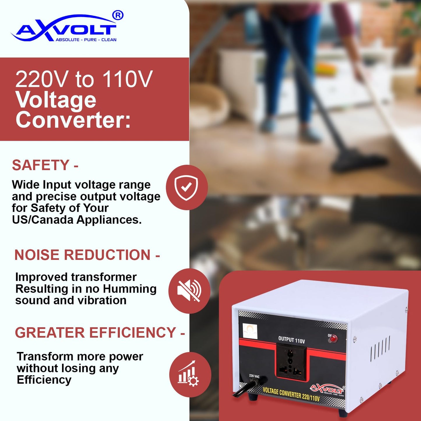 220V to 110V Stepdown Transformer 1000W AXVOLT Crysta Voltage Converter for USA products to be used in India