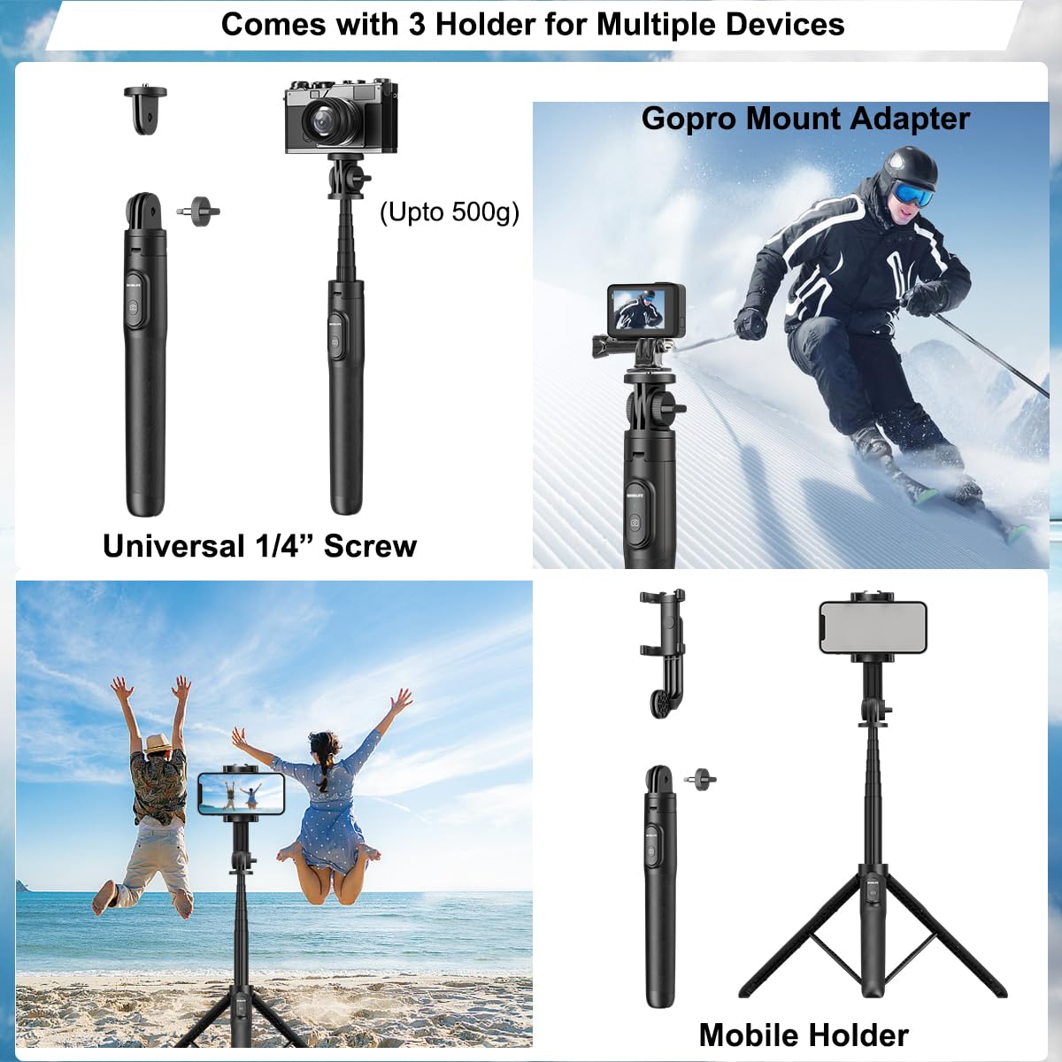 Mobilife 64" Multi-Function Selfie Stick Tripod Long Selfie Stick for iPhone&Android Multiple Mount for Camera Gopro Fill Light Aluminum Portable Mobile Tripod with Bluetooth Remote,Black
