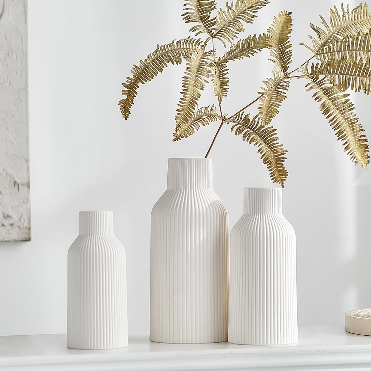Ribbed Pipe Ceramic Vase for Flowers, Pampas Grass, or Live Plants | Decorative Home & Office Centerpiece Gift – No Flowers- (White, 6 Inch)