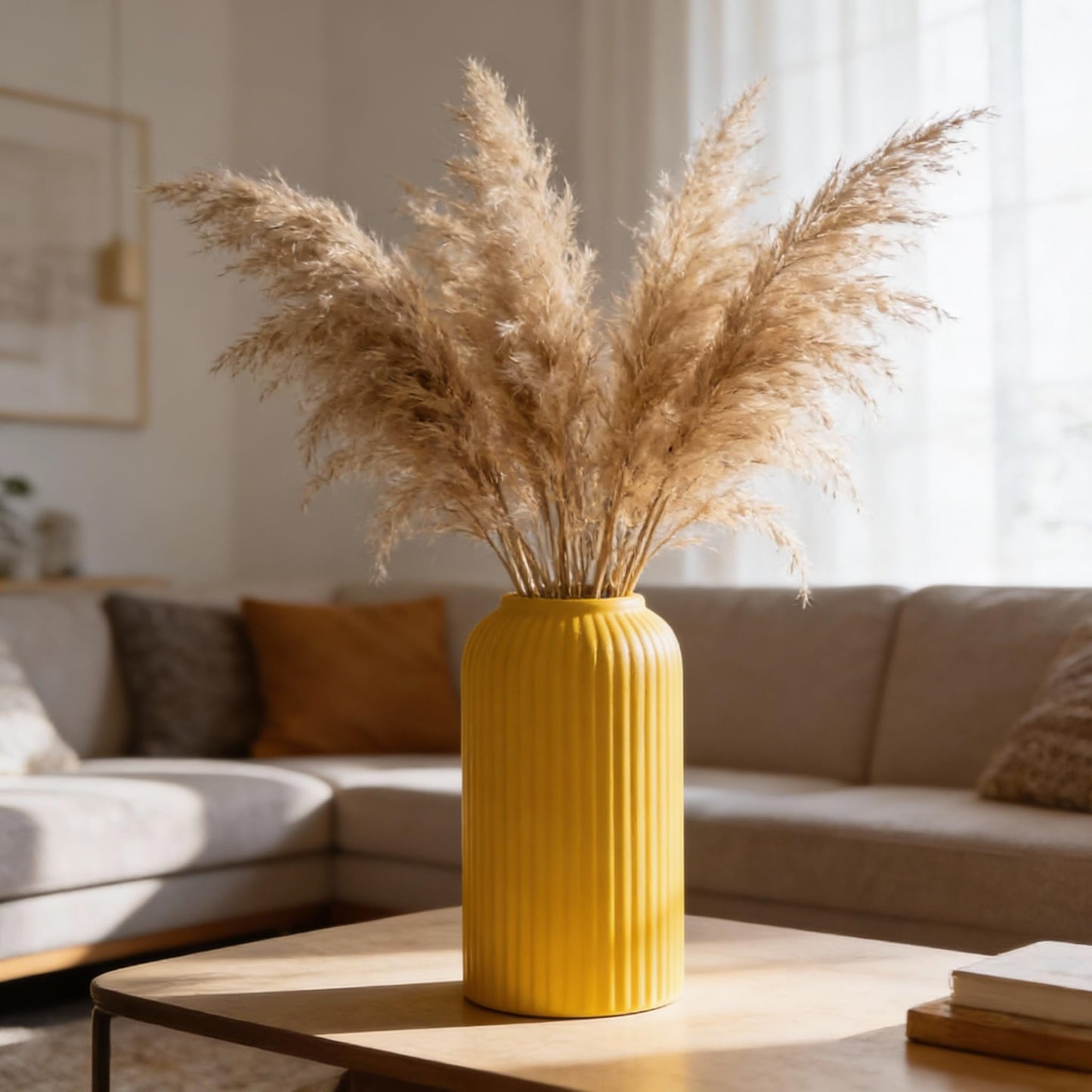 Yellow Ribbed Ceramic Flower Vase 6 Inch Matte Pampas Grass & Dried Flower Vase for Home & Office Table Decor Decorative Centerpiece Gift – Vase Only