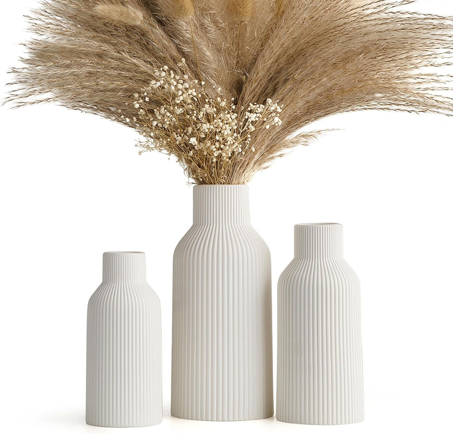 Ribbed Pipe Ceramic Vase for Flowers, Pampas Grass, or Live Plants | Decorative Home & Office Centerpiece Gift – No Flowers- (White, 6 Inch)
