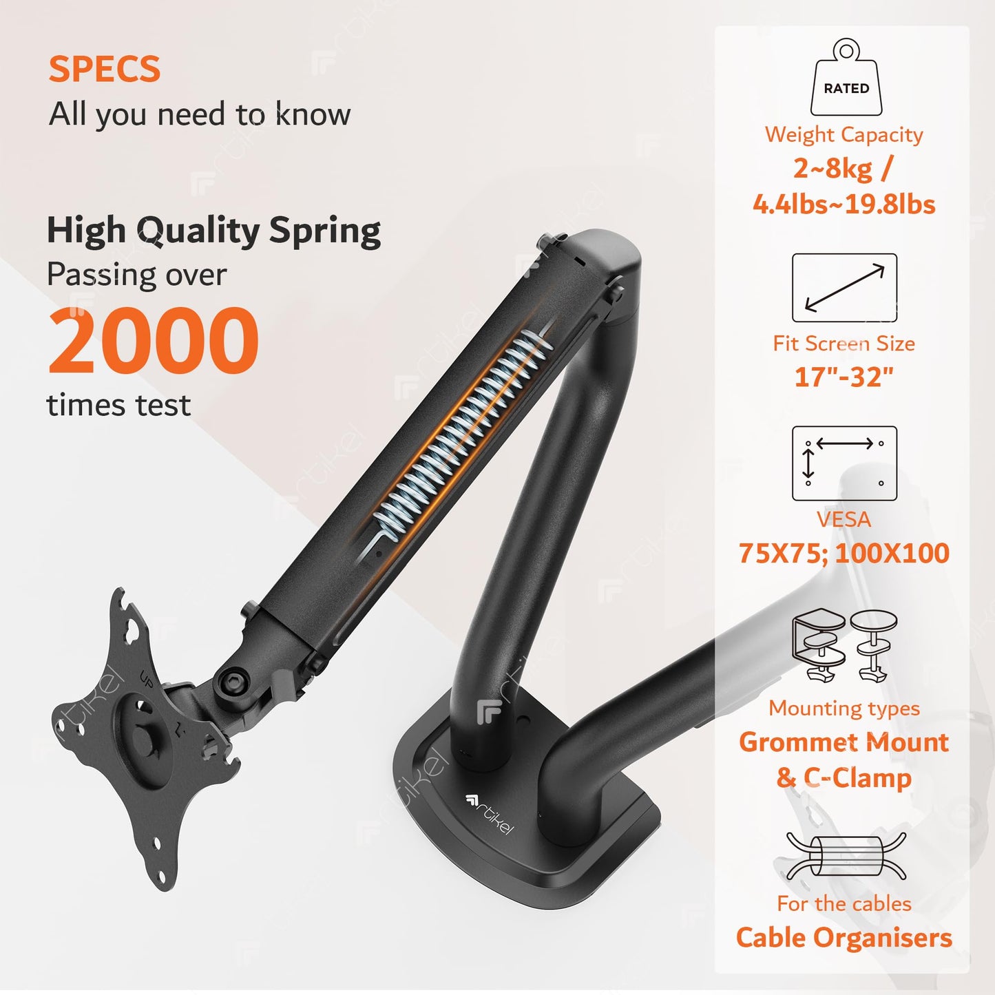 ARTIKEL Monitor Desk Mount | Adjustable Spring Assisted Monitor Arm | VESA Mount with C Clamp & Grommet Mounting Base | Computer Monitor Stand for Screen up to 27 inch | Curve Series | Dual Monitor