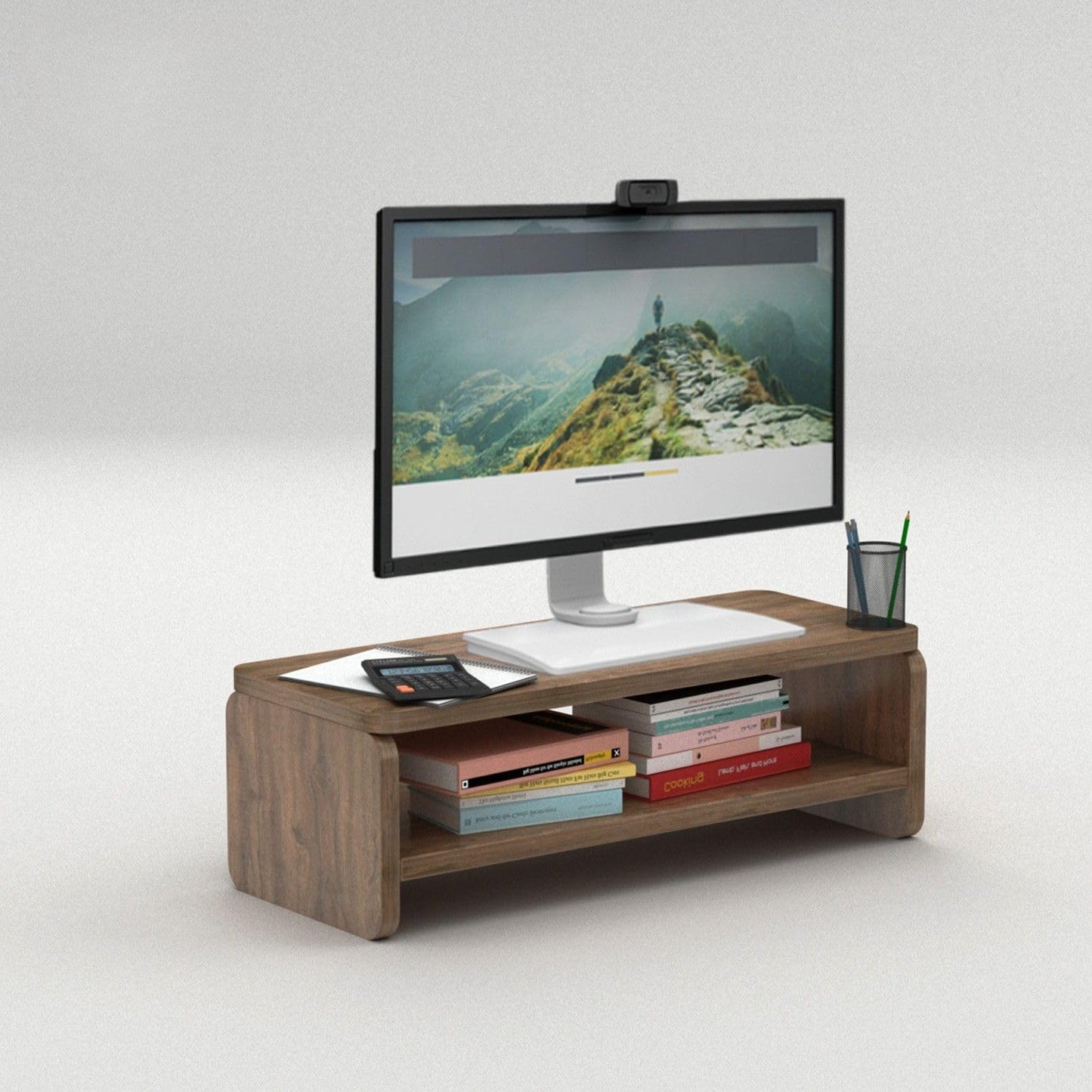 flux Monitor Stand Two Tier Mini with two Wooden legs | Monitor Stand Riser | PC Stand For Desktop Table | , Non SlipMaterial: Particle Board & Metal (49.5 x 20 x 20) cm Brown