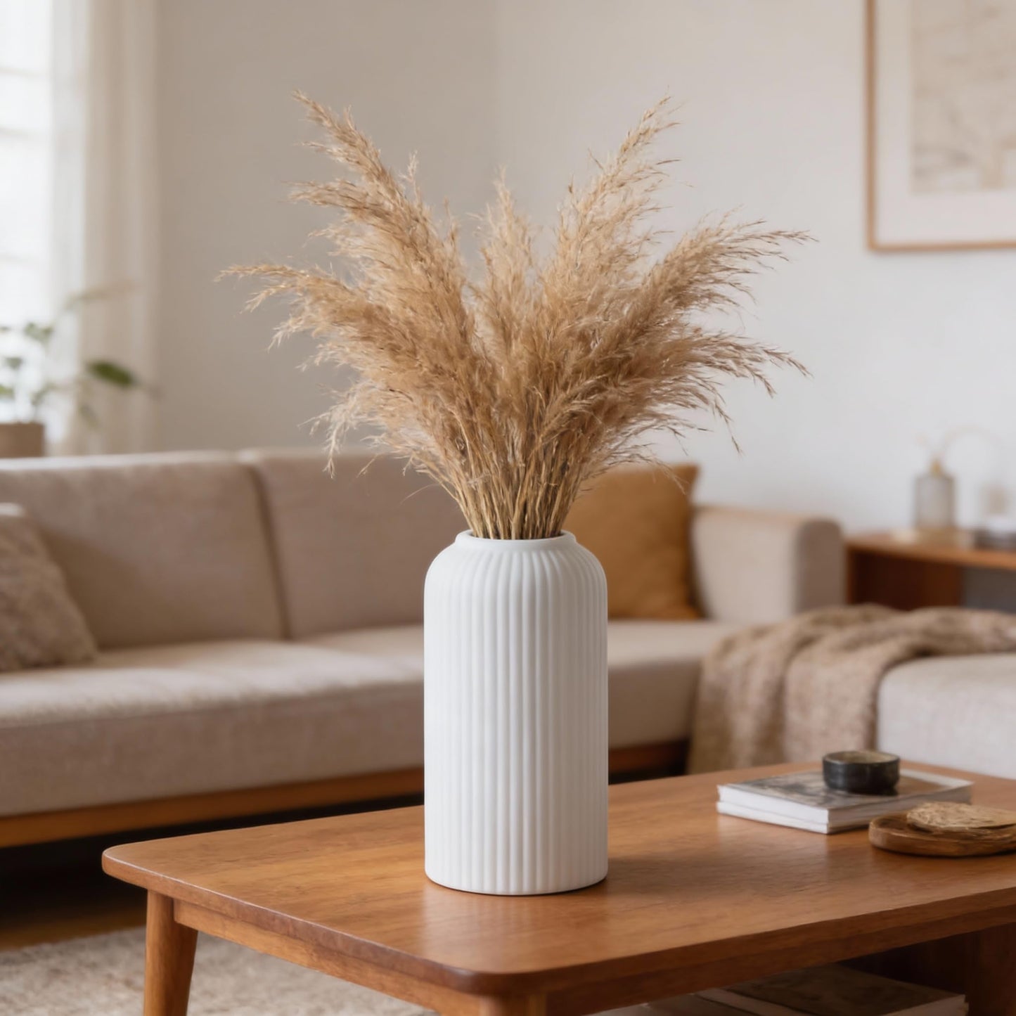 Yellow Ribbed Ceramic Flower Vase 6 Inch Matte Pampas Grass & Dried Flower Vase for Home & Office Table Decor Decorative Centerpiece Gift – Vase Only
