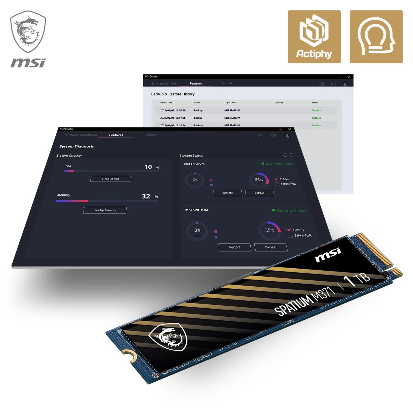 MSI SPATIUM M371 NVMe M.2 1TB - PCIe 3x4 NVMe M.2 Internal Solid State Drive, 2350MB/s Read & 1700MB/s Write, 3D NAND, Built-in Data Security, Center - 5 Year Warranty (210 TBW)