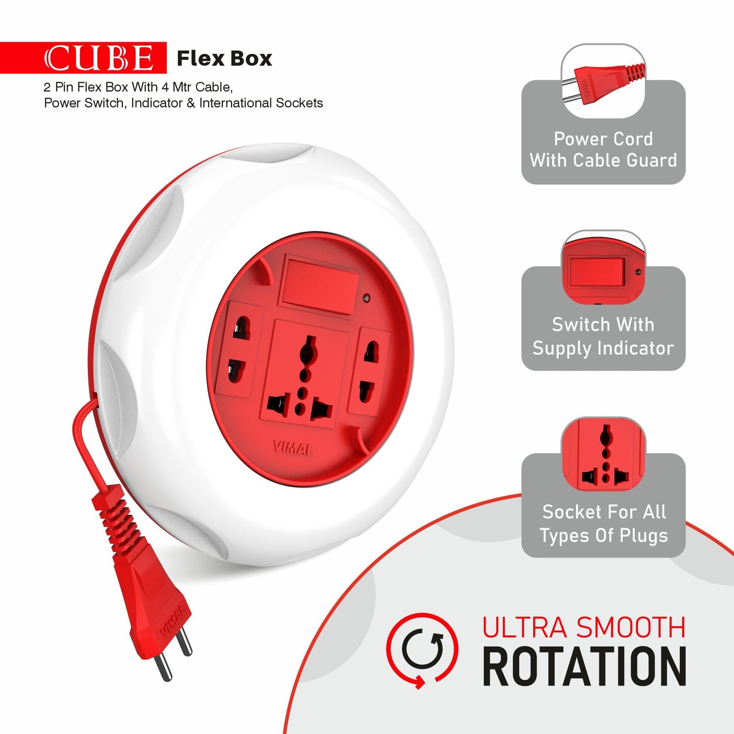 Vimal - Cube 2 Pin Extension Cord 4 Mtr. with International Socket,On/Off Switch & Power Indicator