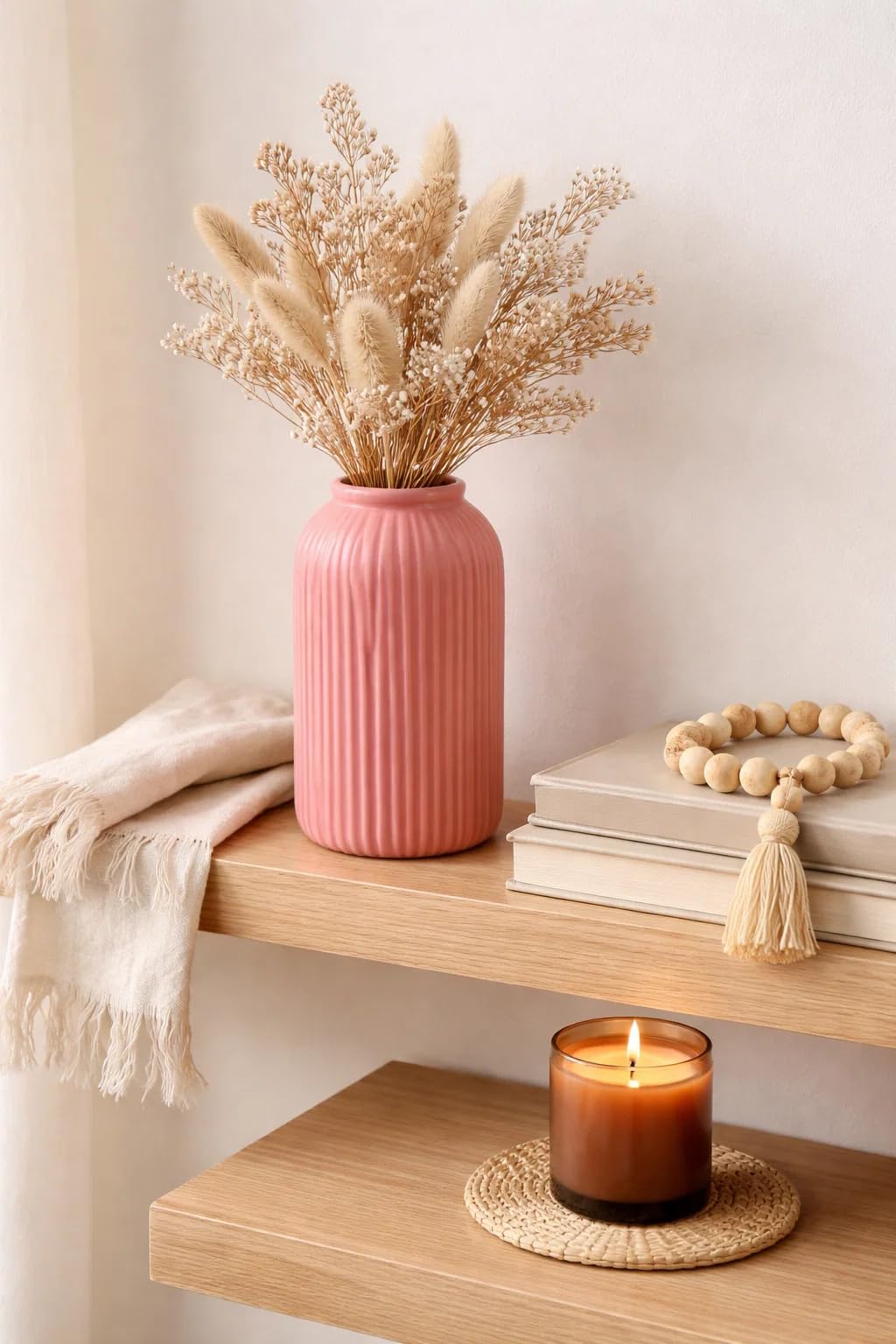 Ribbed Pipe Ceramic Vase for Flowers, Pampas Grass, or Live Plants | Decorative Home & Office Centerpiece Gift – No Flowers- (White, 6 Inch)