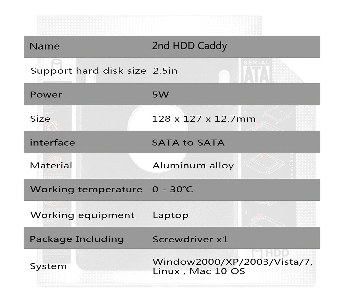 Storite SATA 2nd 2.5'' Hard Drive Caddy for 12.7mm Universal CD/DVD-ROM (for SSD and HDD)