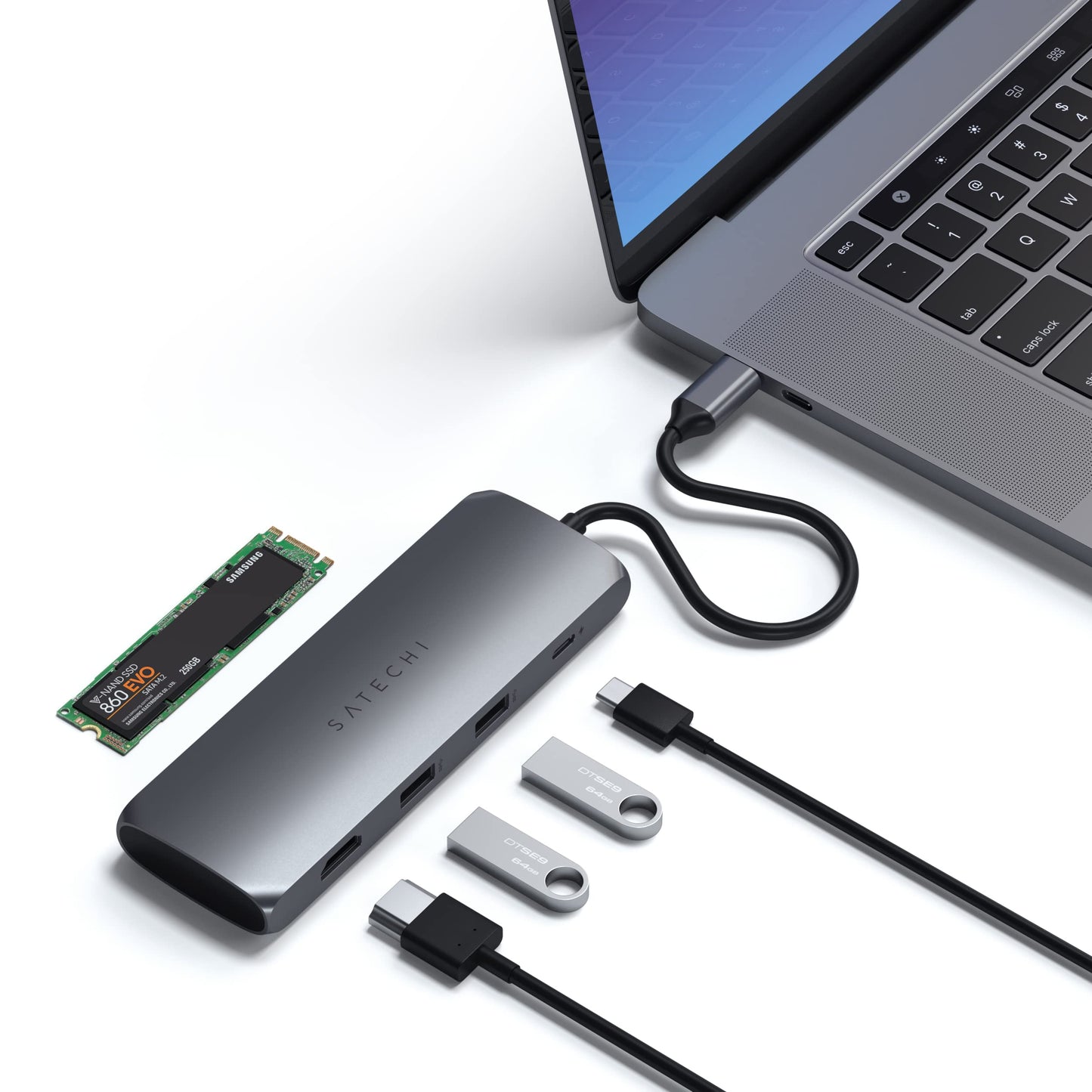Satechi USB-C Hybrid Multiport Adapter - Fits M.2 SATA SSD, 4K HDMI 60Hz, USB-C PD, USB-A 3.1 Data Ports - for M2/ M1 MacBook Pro/Air, M2/ M1 iPad Pro/Air, M2 Mac Mini, iMac M1 (Space Gray)