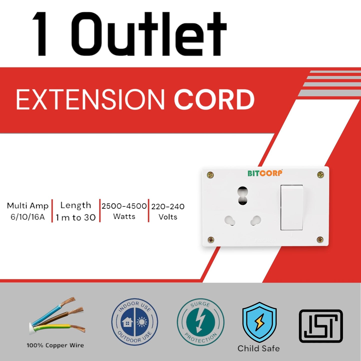 Bitcorp Single Socket Extension Board 1 Way Plug and 1 Switch 15A 16A 20A (2500W) 5 Meter Long Length Cable Cord Compatible with Ac, Fridge, Washing Machine, Microwave and Heavy Appliances (White)