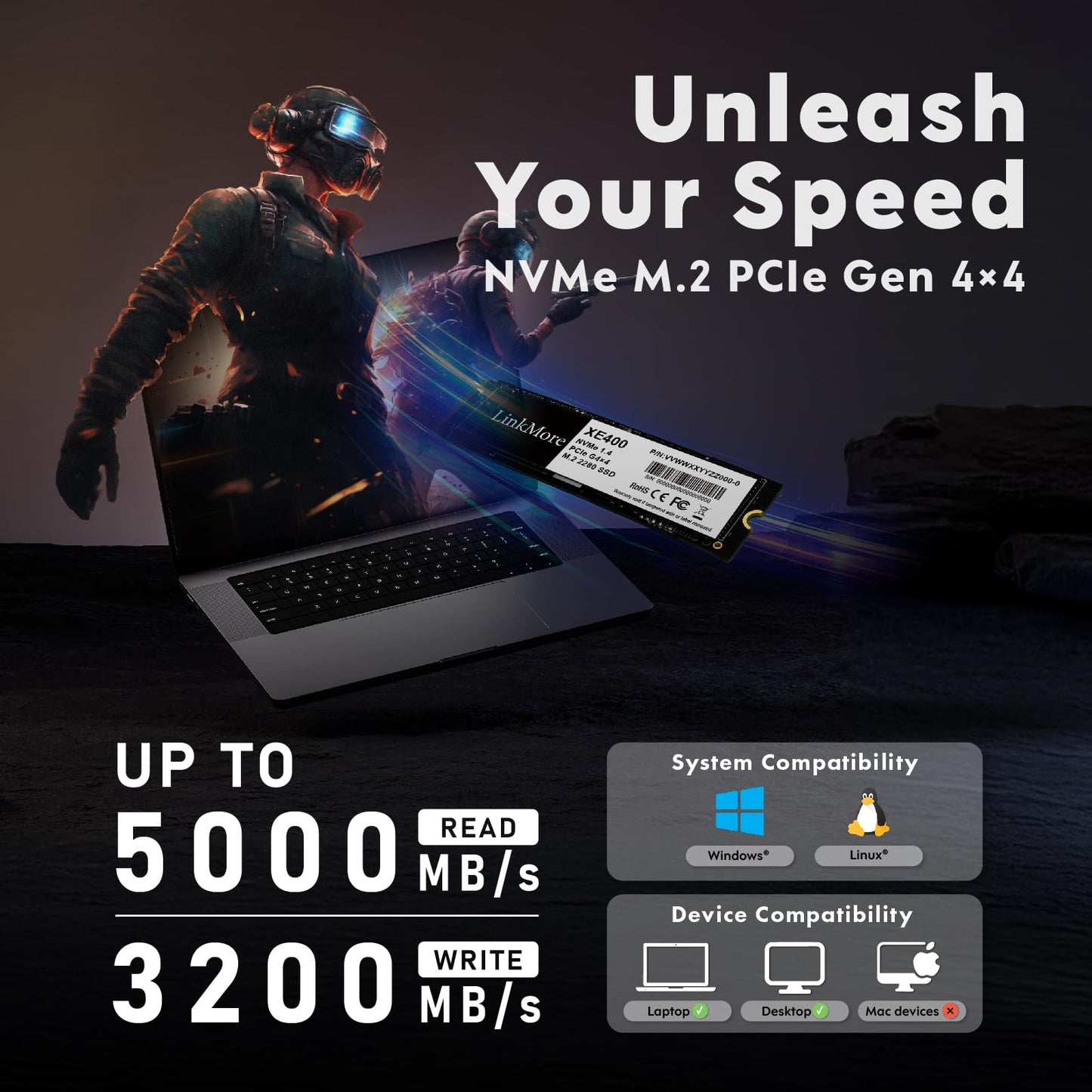 LinkMore XE400 500GB M.2 2280 PCIe Gen 4X4 NVMe 1.4 Internal SSD, Solid State Drive, Up to 4650MB/s for Latop and PC