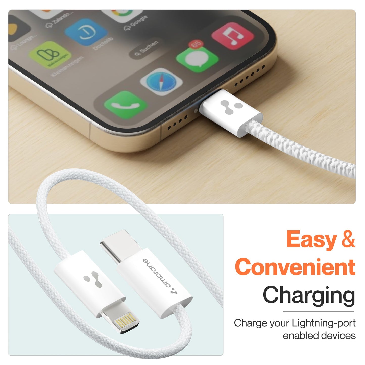 Ambrane Type-C to Lightning Cable, 22.5W Fast Charging Cable Compatible with iPhone 14, 13, 12,11, X, 8, 7, 6, 5, Pro,Max, iPad, Macbook, iMac, AirPods, Supports CarPlay, 1.2m (ABTL-Q12, White)