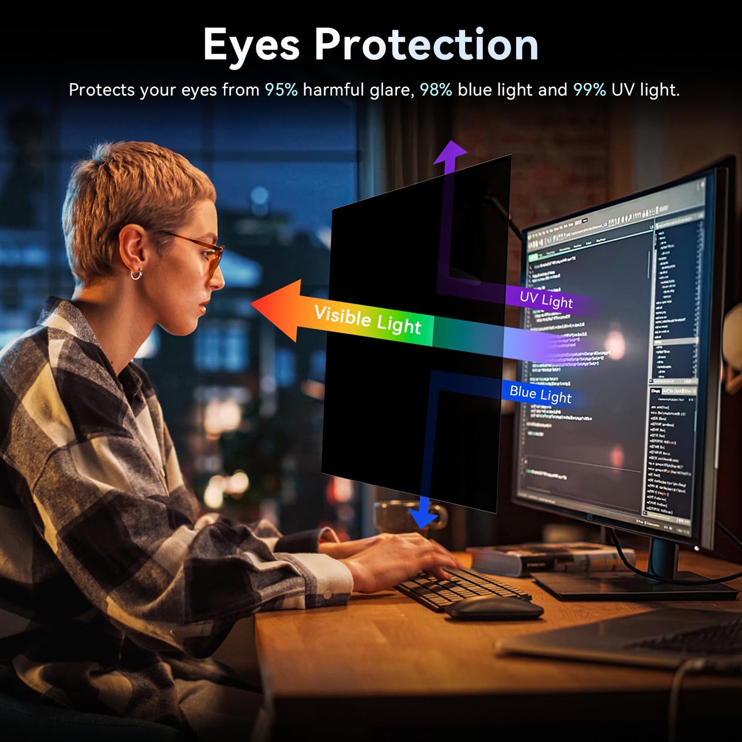 20 Inch 16:9 Computer Privacy Screen for Widescreen Monitor, 20in Removable Anti Blue Light Glare Eye Protection Shield Film Screen Protector, Black Blackout Anti Spy Desktop Security Private Filter