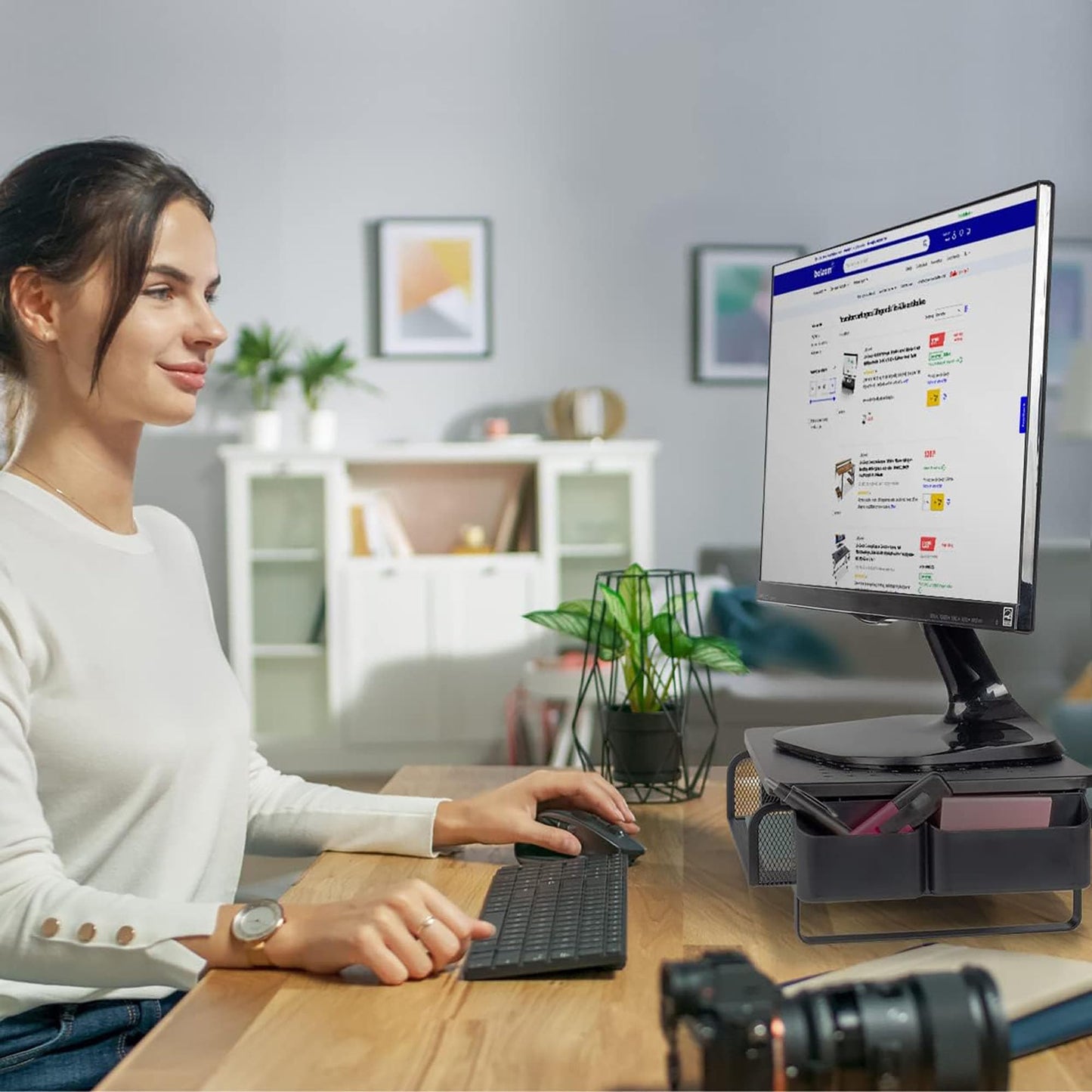 Krevia Metal Adjustable Monitor Stand with Sliding Drawer and Side Compartment | Sturdy, Stable & Non-slip Laptop Stand | Ventilated Desk Organizer Computer Stand for Laptop, Desktop, Printer & TV