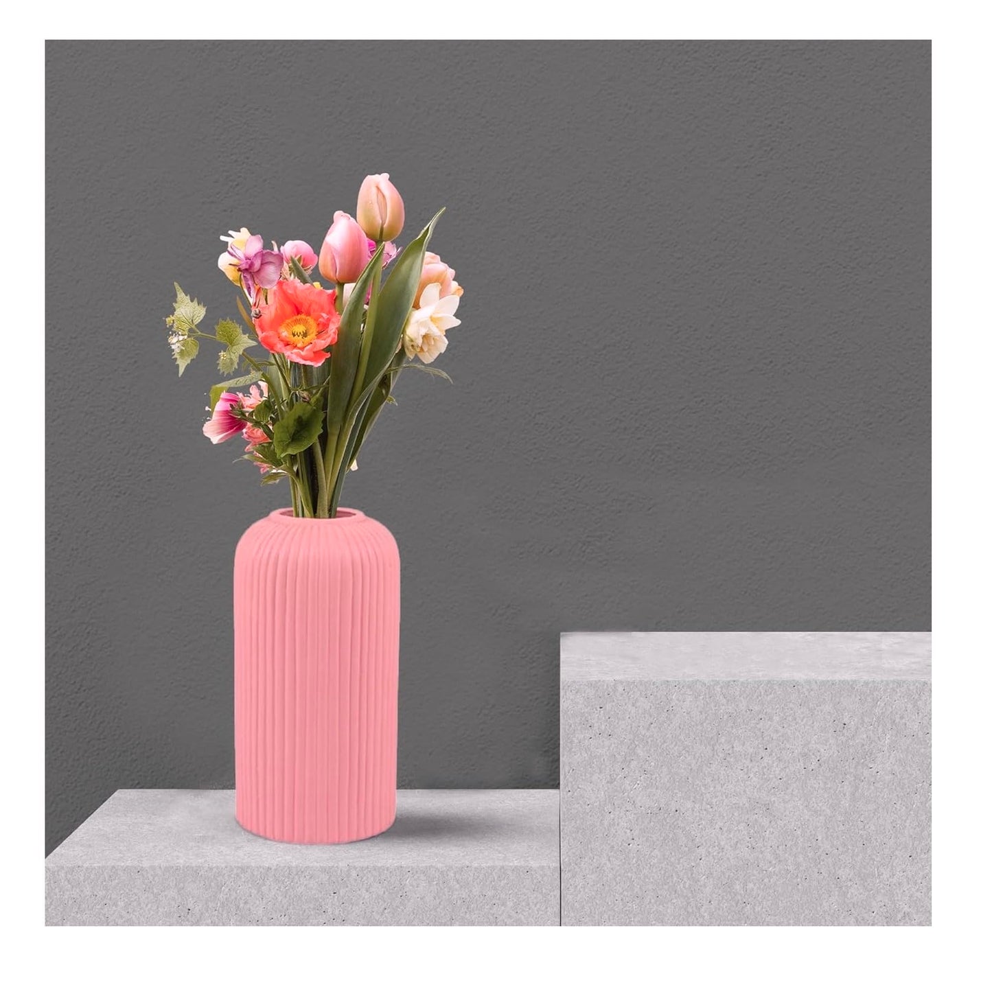 Ribbed Pipe Ceramic Vase for Flowers, Pampas Grass, or Live Plants | Decorative Home & Office Centerpiece Gift – No Flowers- (White, 6 Inch)