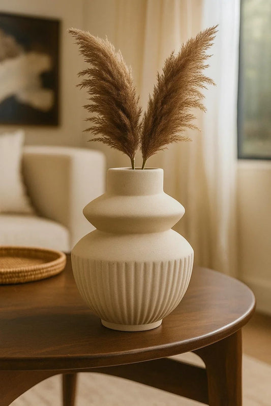 Ribbed Pipe Ceramic Vase for Flowers, Pampas Grass, or Live Plants | Decorative Home & Office Centerpiece Gift – No Flowers- (Mattee Ivory , 6 Inch)