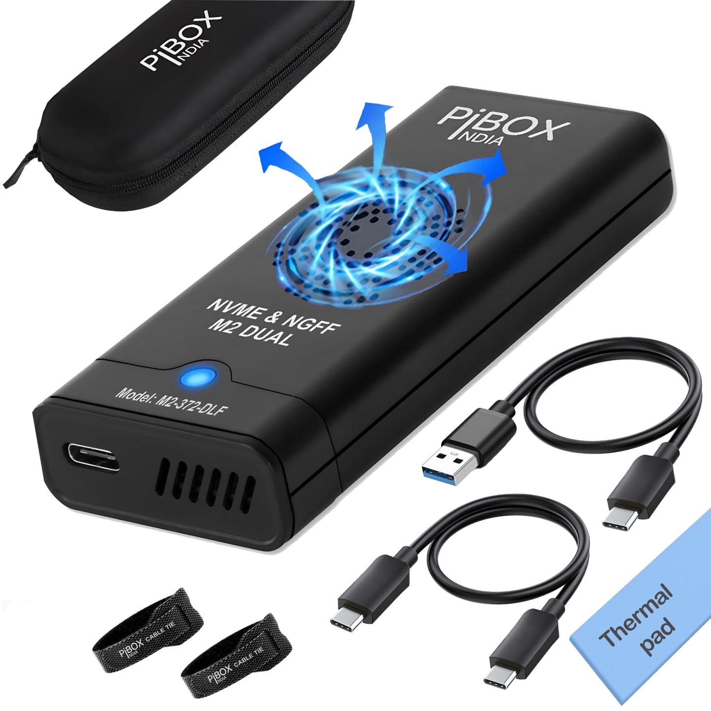 NVME M.2 Fan Enclosure, PiBOX India NVMe/NGFF SATA Dual SSD Enclosure Smart Fan- USB 3.2 10Gbps, Tool-Free M.2 NVMe Case, PCI-E NVMe to USB-C, Supports M, B&M Keys 2230/2242/2260/2280 SSD RTL9210B