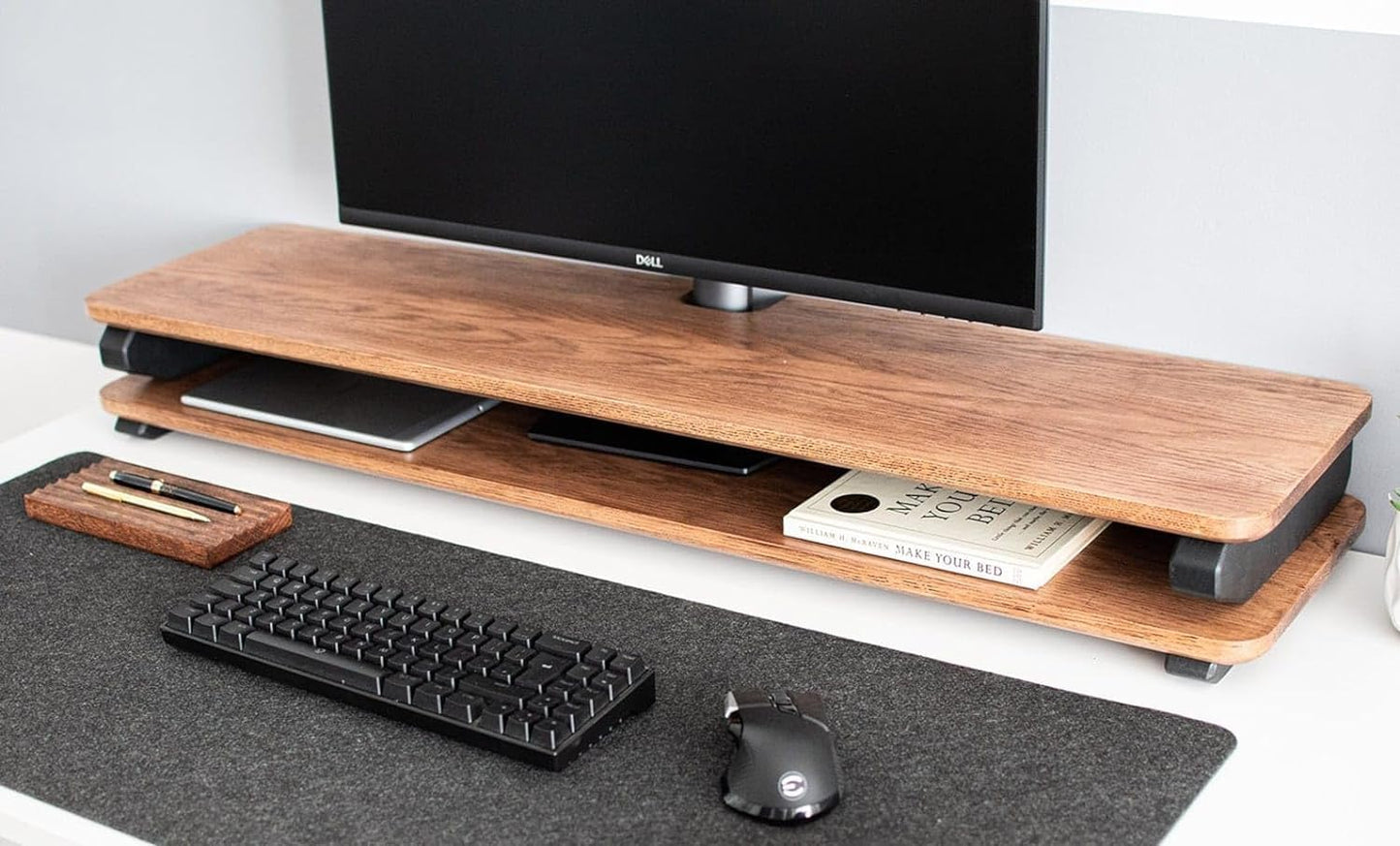carpentray Store Wooden Monitor Stand with Storage Organizer for Desk with Wire Hole, Tables, Office, Home, Studio, Study Table | Monitor Stand Riser (100Cm, Black Legs)