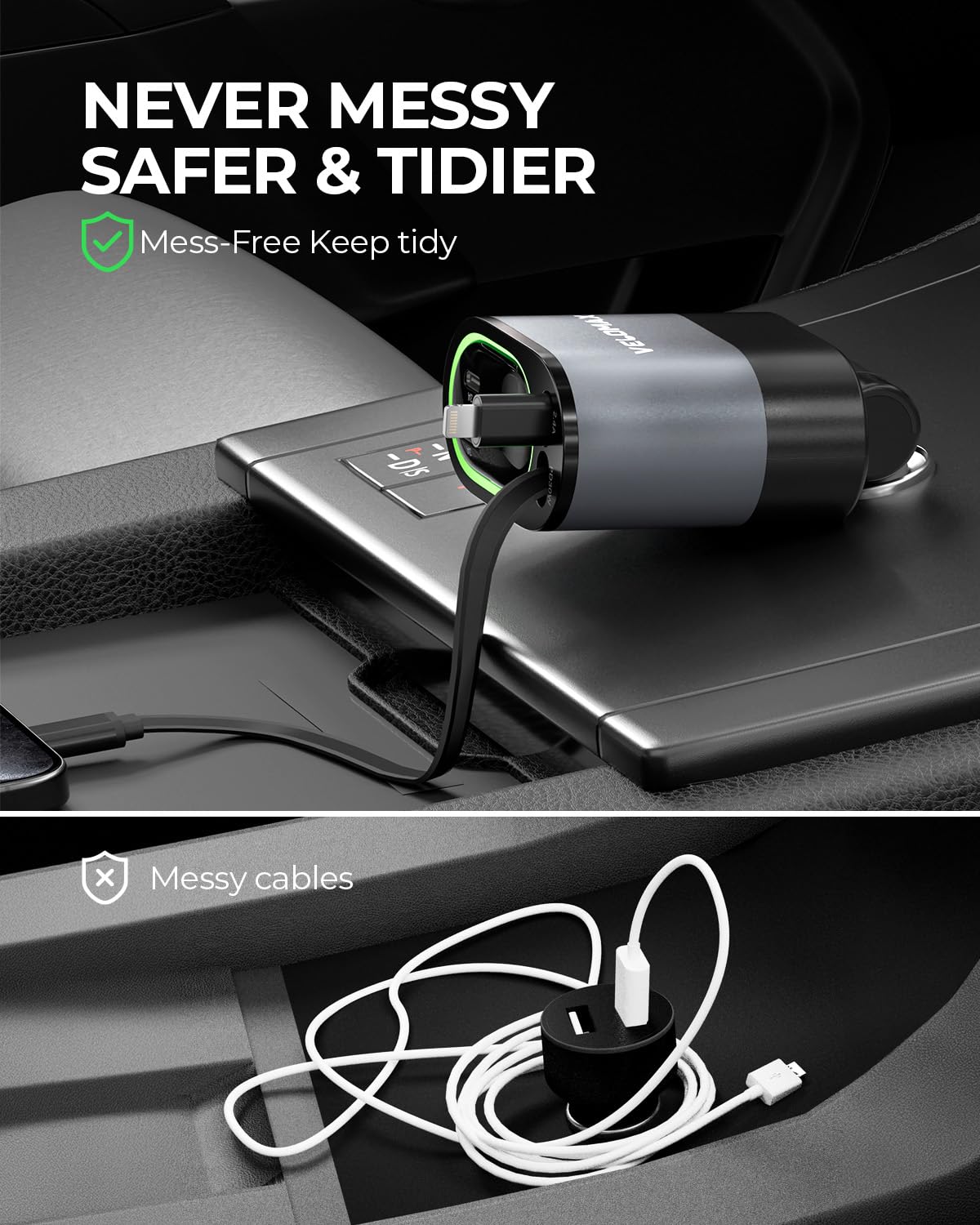 Velomax 72W Fast Car Charger with 80CM Retractable Type-C & 30-pin Port Cables – Simultaneous Charging for 4 Devices – Universal Car Mobile Charger for All Smartphones & Tablets