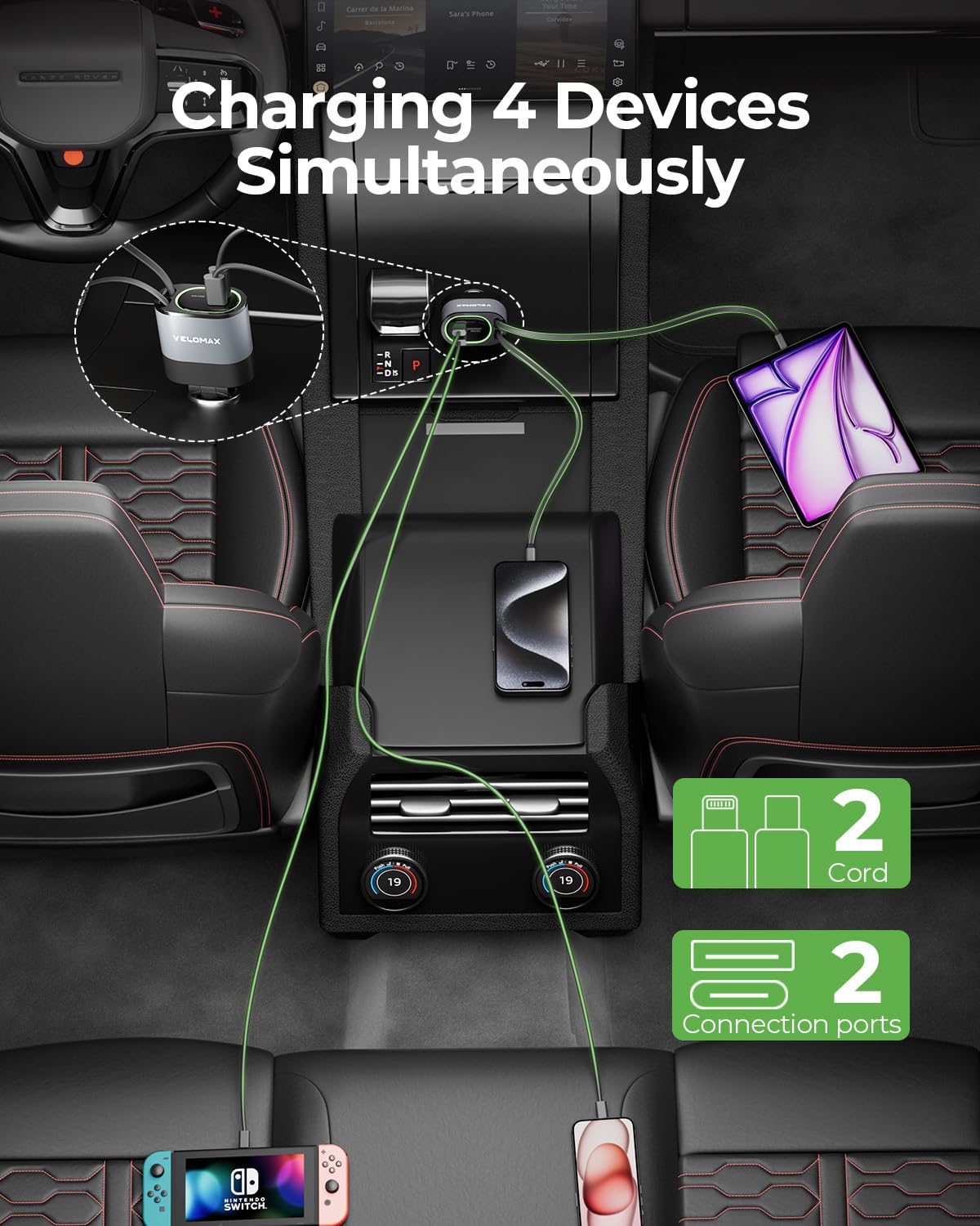 Velomax 72W Fast Car Charger with 80CM Retractable Type-C & 30-pin Port Cables – Simultaneous Charging for 4 Devices – Universal Car Mobile Charger for All Smartphones & Tablets