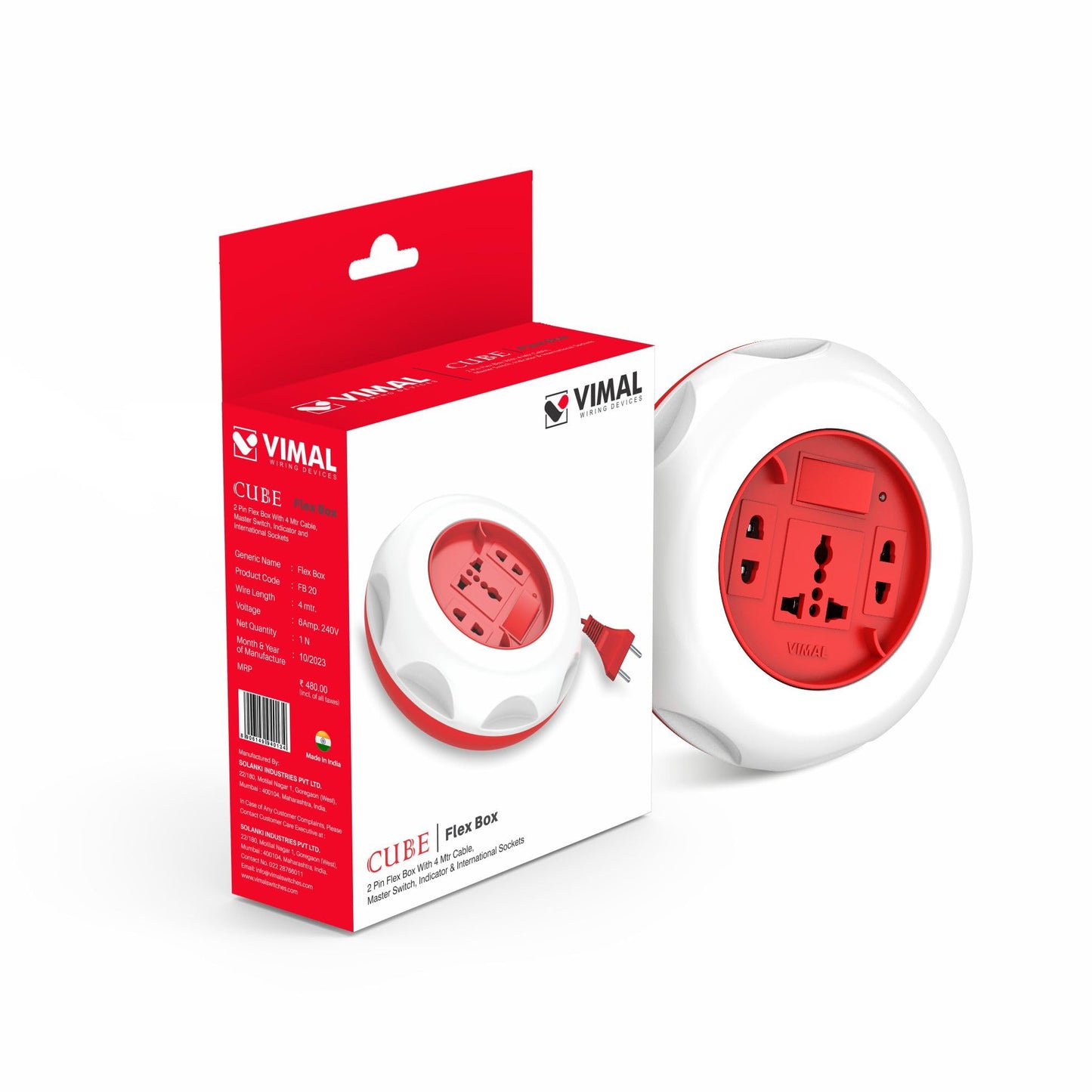 Vimal - Cube 2 Pin Extension Cord 4 Mtr. with International Socket,On/Off Switch & Power Indicator