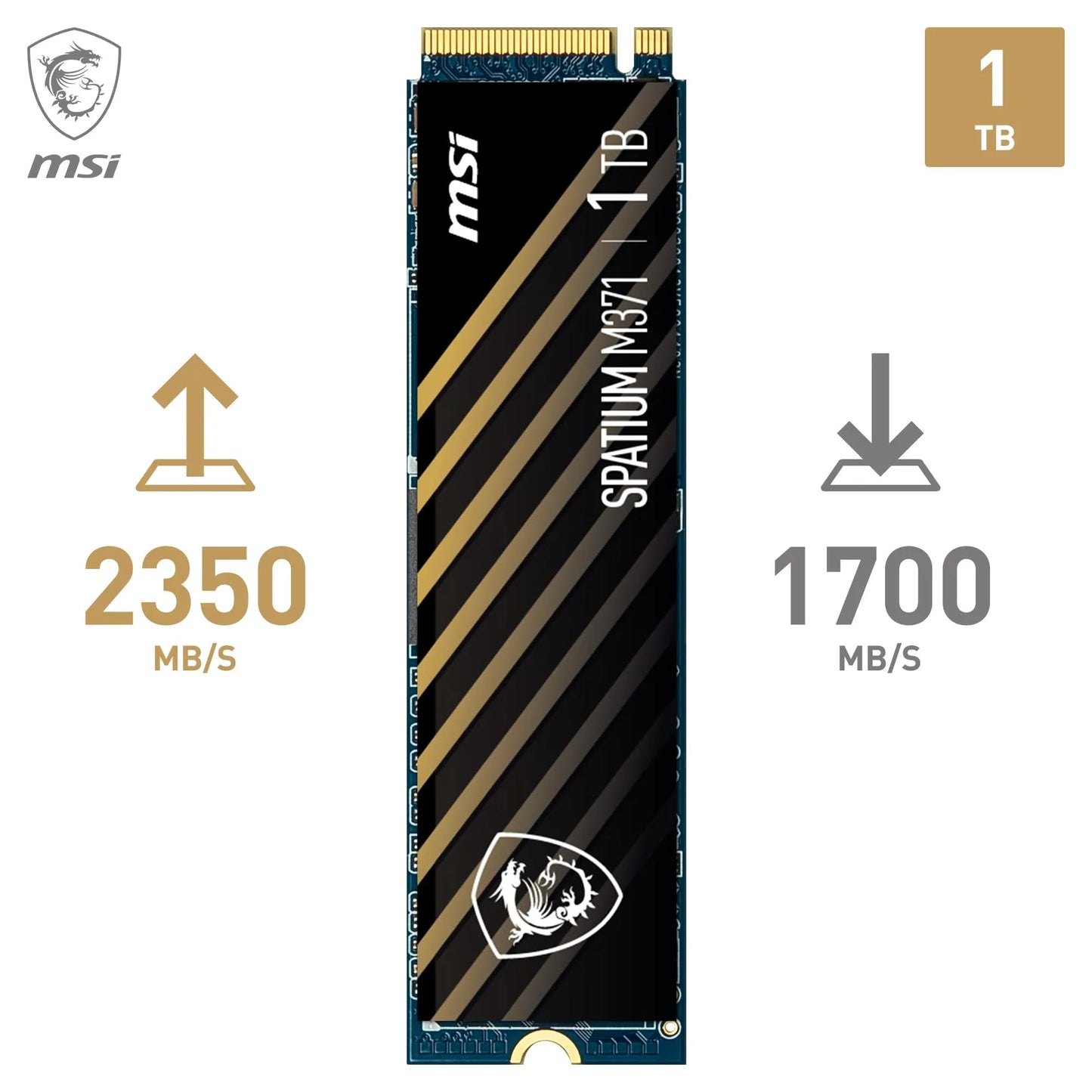 MSI SPATIUM M371 NVMe M.2 1TB - PCIe 3x4 NVMe M.2 Internal Solid State Drive, 2350MB/s Read & 1700MB/s Write, 3D NAND, Built-in Data Security, Center - 5 Year Warranty (210 TBW)