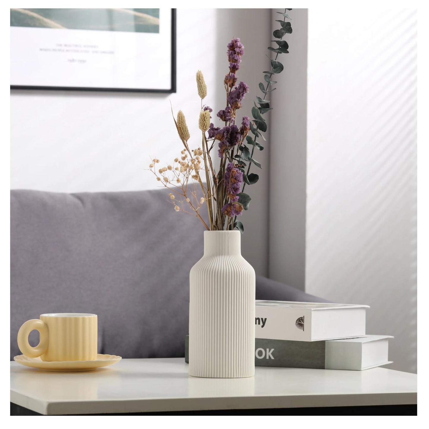 Ribbed Pipe Ceramic Vase for Flowers, Pampas Grass, or Live Plants | Decorative Home & Office Centerpiece Gift – No Flowers- (White, 6 Inch)