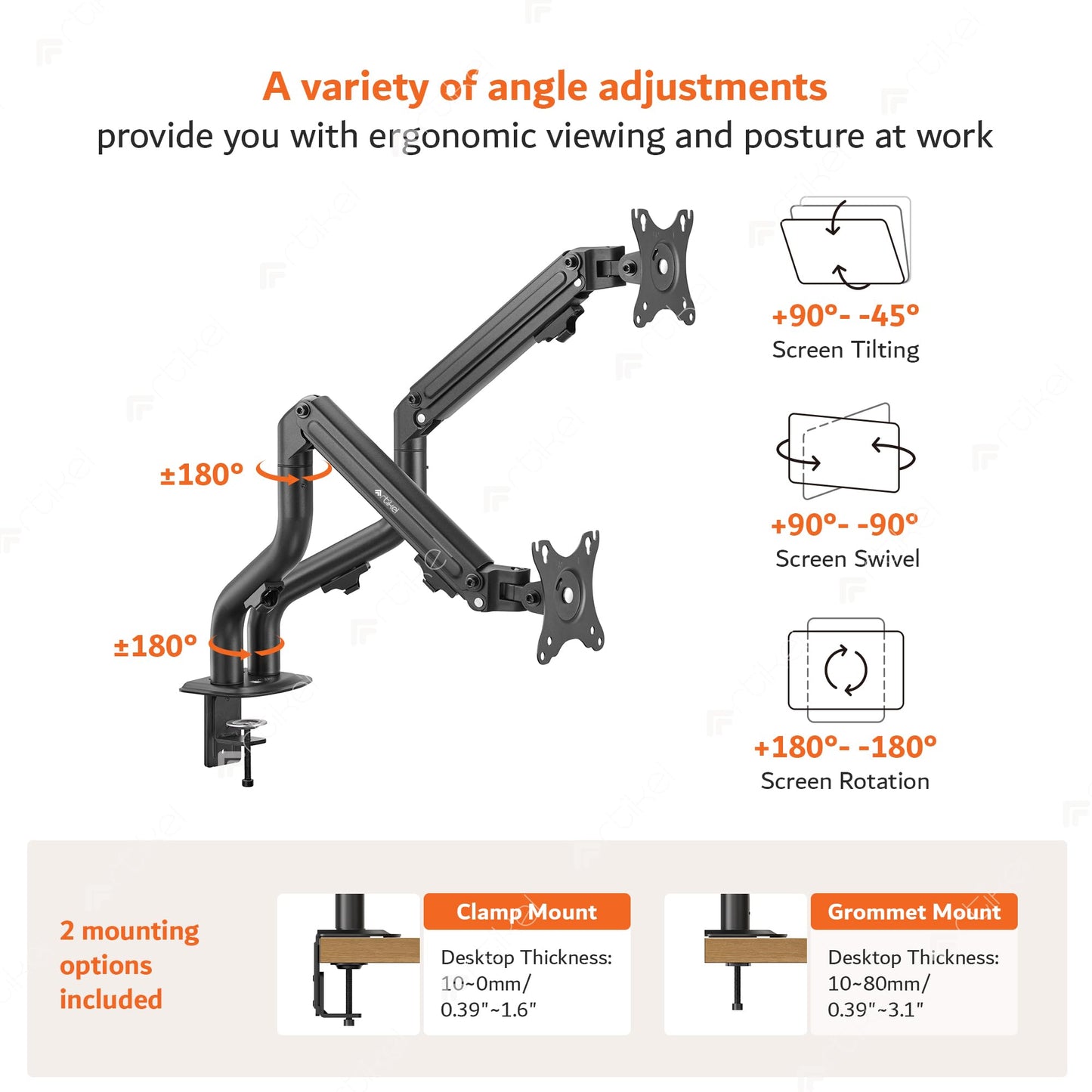 ARTIKEL Monitor Desk Mount | Adjustable Spring Assisted Monitor Arm | VESA Mount with C Clamp & Grommet Mounting Base | Computer Monitor Stand for Screen up to 27 inch | Curve Series | Dual Monitor
