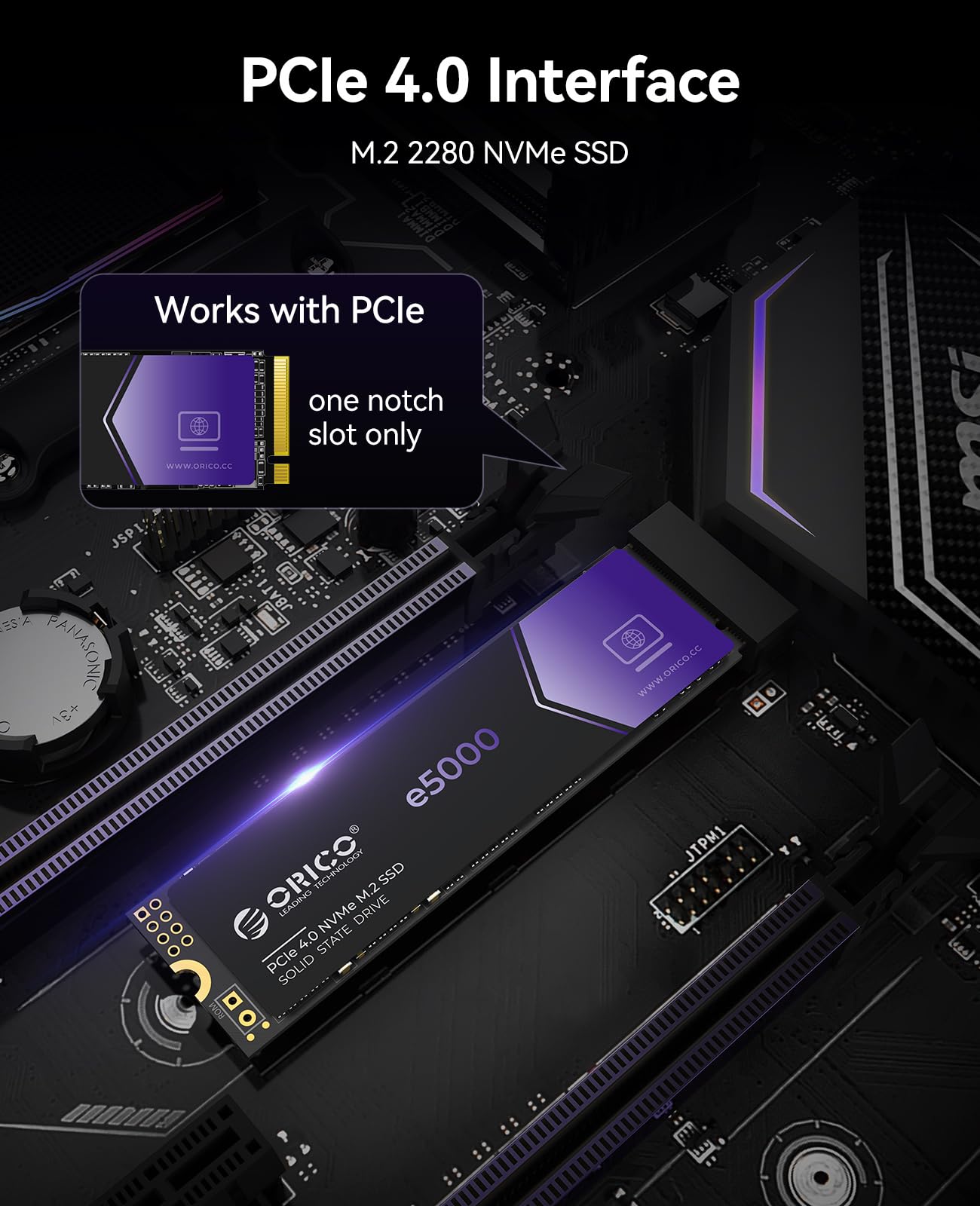 ORICO e5000 2TB M.2 NVMe SSD, PCIe Gen4x4 with 5200MB/s Read 4500MB/s Write, 3D QLC NAND Internal Solid State Drive SLC Dynamic Cache, Compatible with PS5 Desktop PC and Laptops -e5000