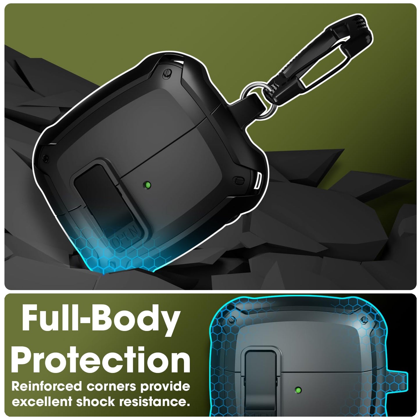Sounce Tough Case Compatible with Samsung Galaxy Buds 3 Pro/Buds Live/Buds Pro Case with Carabiner, Rugged Protective Cover, Scratch Resistant, Drop Protection, Shock Armor Series (Buds 3 Pro)