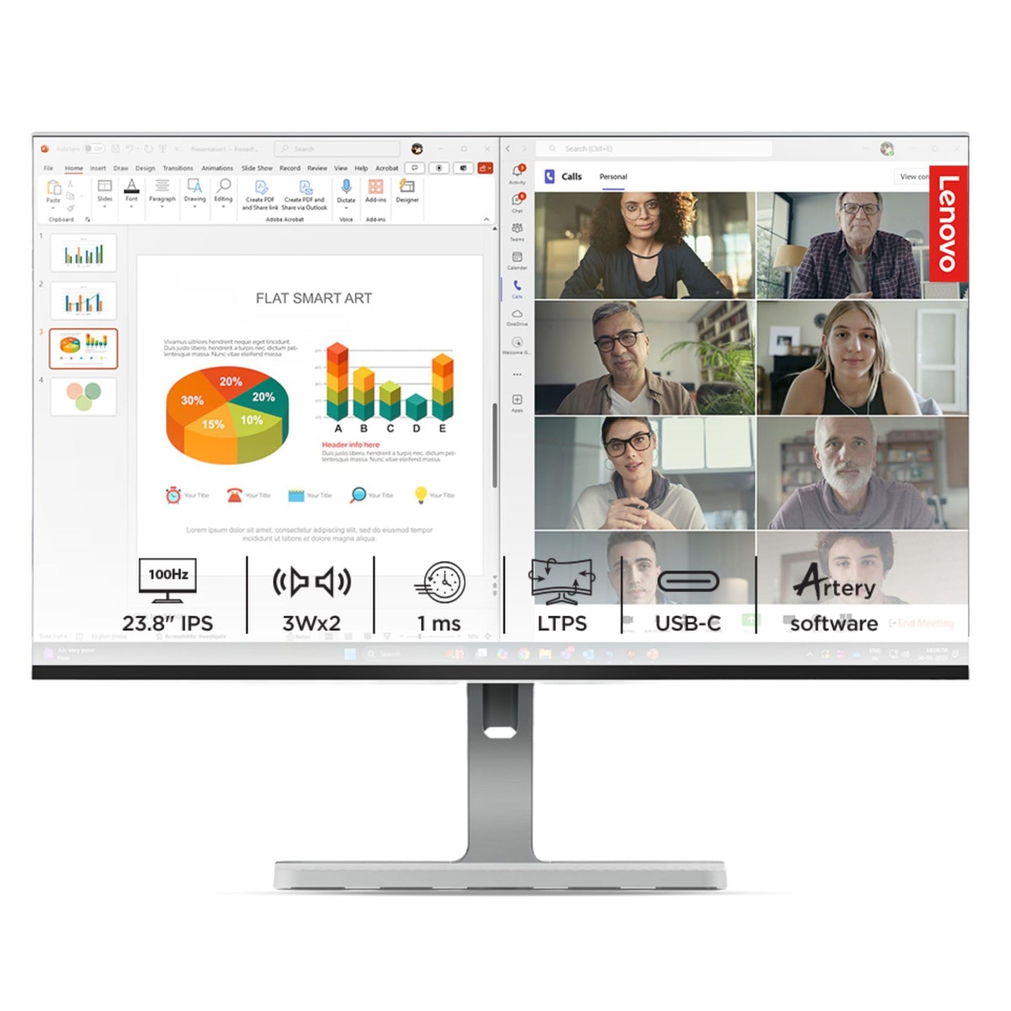 Lenovo L-Series 24 inch (60.4cm) FHD IPS Monitor| 100Hz, 1ms, FreeSync, 99% sRGB, 3Wx2 Speakers, 4xUSB-A, 1xUSB-C, 1x HDMI, Tilt, Swivel,Pivot Height Adjust Stand: For Home & Office use, Grey, L24m-4A