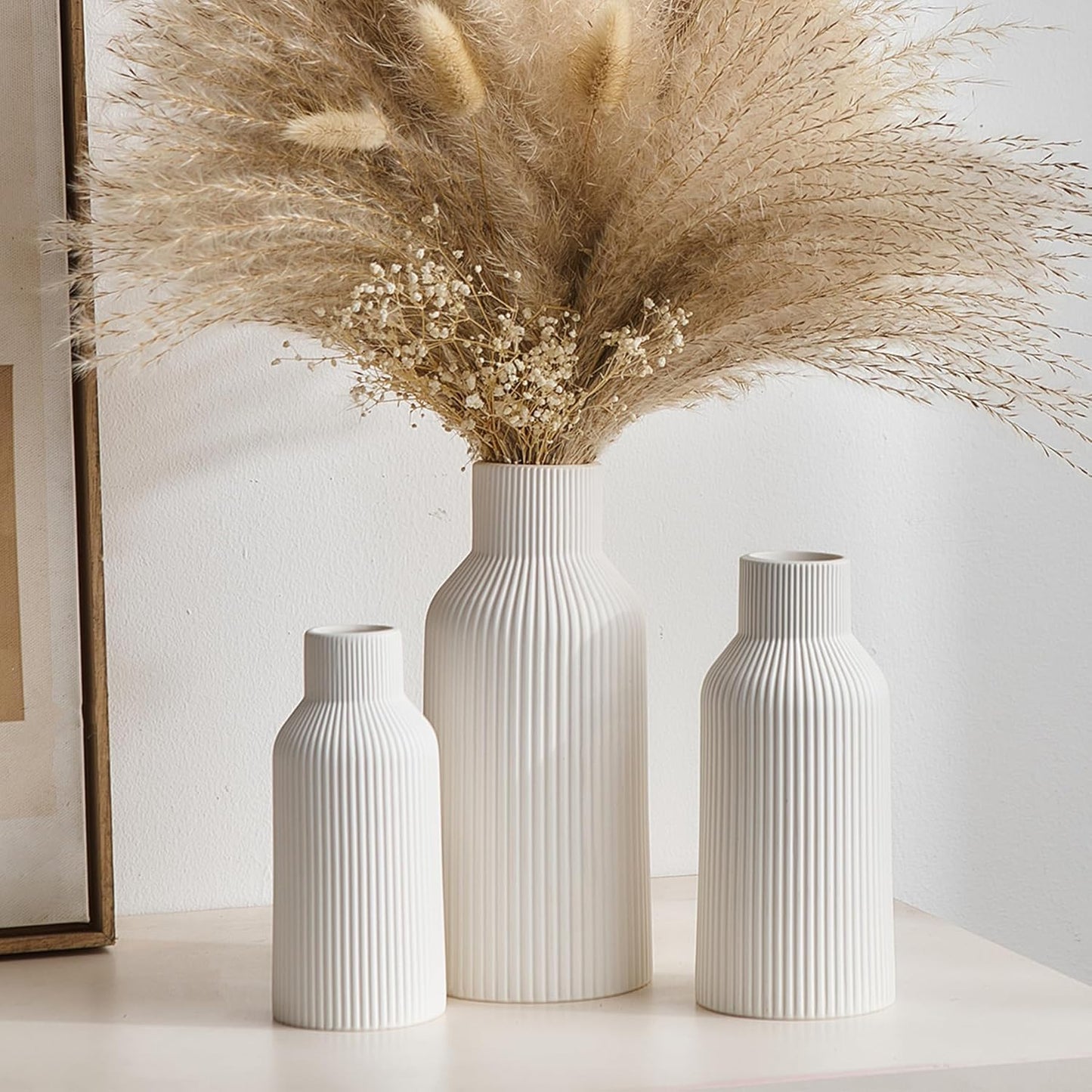 Ribbed Pipe Ceramic Vase for Flowers, Pampas Grass, or Live Plants | Decorative Home & Office Centerpiece Gift – No Flowers- (White, 6 Inch)