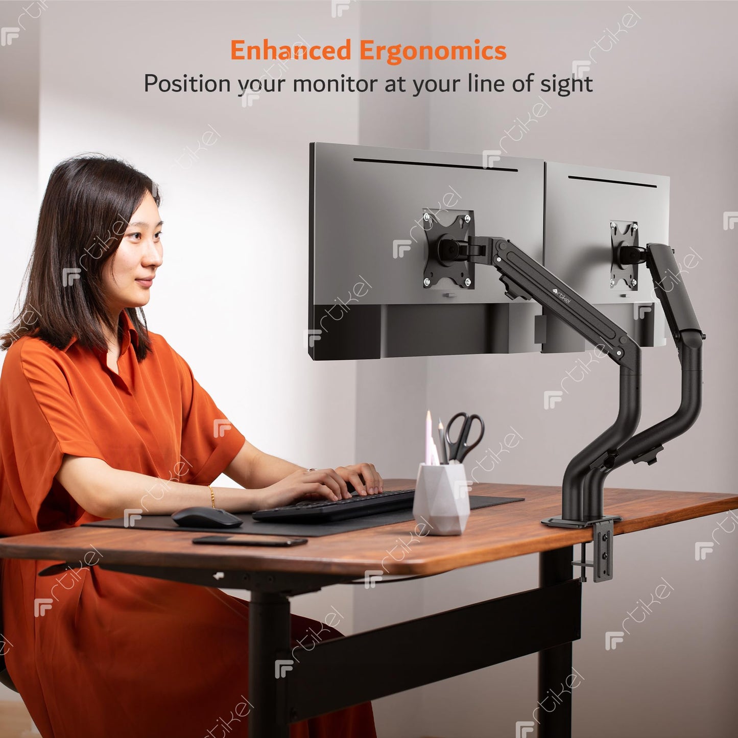 ARTIKEL Monitor Desk Mount | Adjustable Spring Assisted Monitor Arm | VESA Mount with C Clamp & Grommet Mounting Base | Computer Monitor Stand for Screen up to 27 inch | Curve Series | Dual Monitor