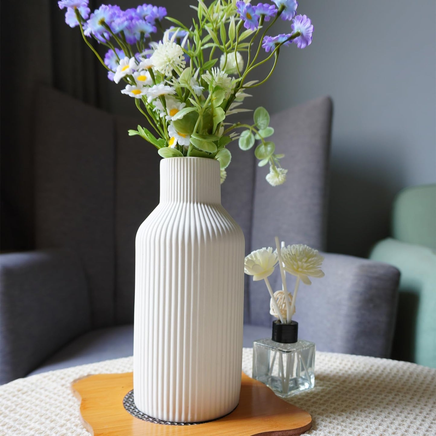 Ribbed Pipe Ceramic Vase for Flowers, Pampas Grass, or Live Plants | Decorative Home & Office Centerpiece Gift – No Flowers- (White, 6 Inch)