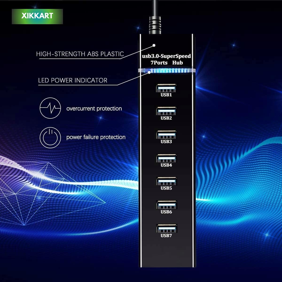 XIKKART USB Hub 3.0, 7-Port USB Data Hub Splitter with 3.3ft Long Cable for PS4, PS5,Xbox one, MacBook, Mac Pro/Mini, iMac, XPS, Surface Pro, iPhone, iPad, Galaxy Series, Mobile HDD, and More