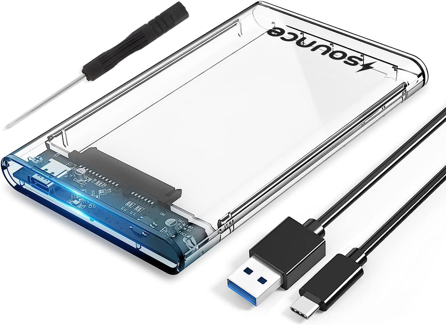 Sounce 2.5" SATA SSD Enclosure Transparent Case, SATA to USB C 3.1 Tool-Free External Hard Disk Case with Fast Transfer Speed Up to 6 Gbps & Up to 6TB Storage Capacity Compatible for 2.5 SATA SSD/HDD