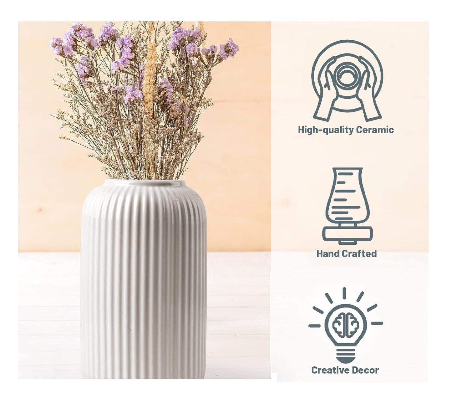 Ribbed Pipe Ceramic Vase for Flowers, Pampas Grass, or Live Plants | Decorative Home & Office Centerpiece Gift – No Flowers- (White, 6 Inch)