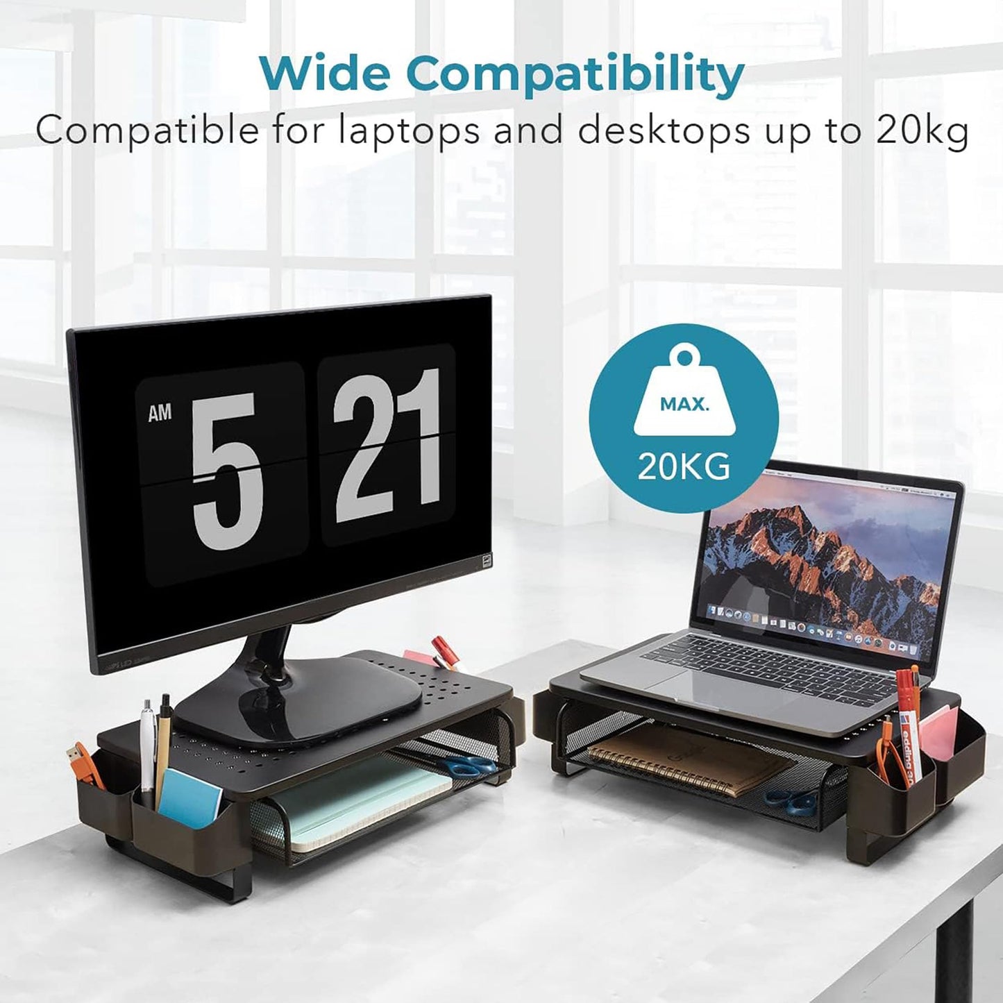 Krevia Metal Adjustable Monitor Stand with Sliding Drawer and Side Compartment | Sturdy, Stable & Non-slip Laptop Stand | Ventilated Desk Organizer Computer Stand for Laptop, Desktop, Printer & TV