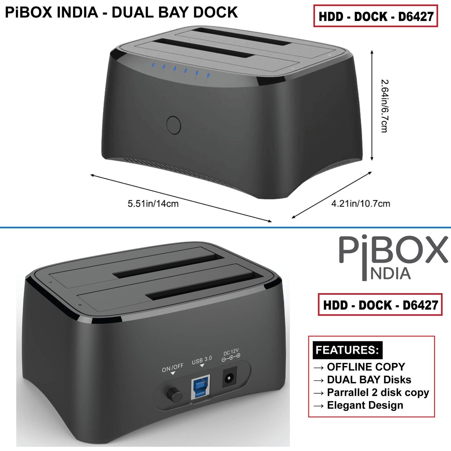 PiBOX India, Dual Bay USB 3.0 to SATA I, II, III Hard Drive Docking Station Upto 12TB for 2.5 or 3.5in HDD, SSD with Hard Drive Duplicator Offline Clone and Auto Sleep and UASP - Top-Loading Design